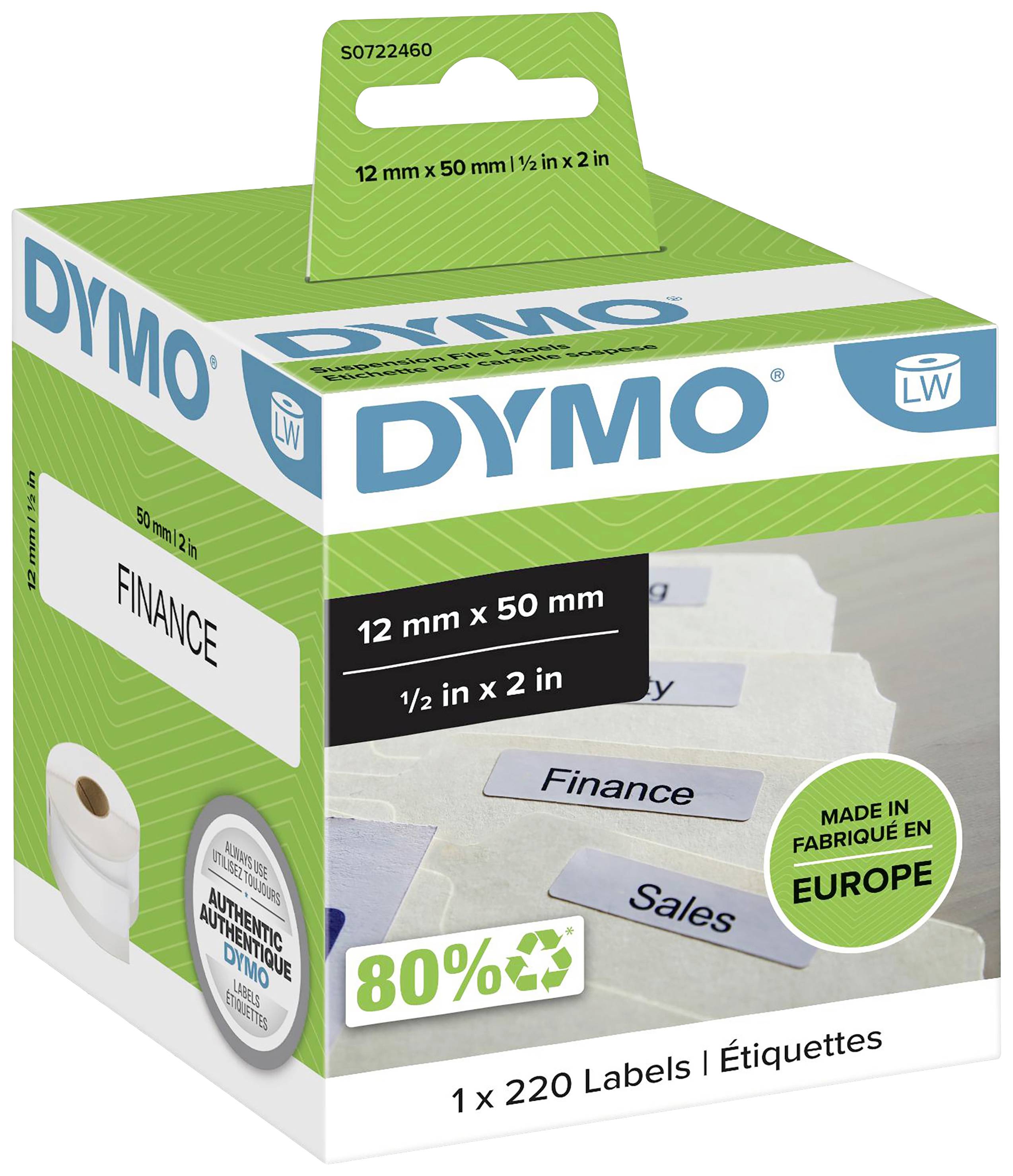 Etikettenbox von DYMO. Enthält 220 weiße Etiketten, Größe 12 mm x 50 mm, mit Aufdruck 'Finance'. Hergestellt in Europa.