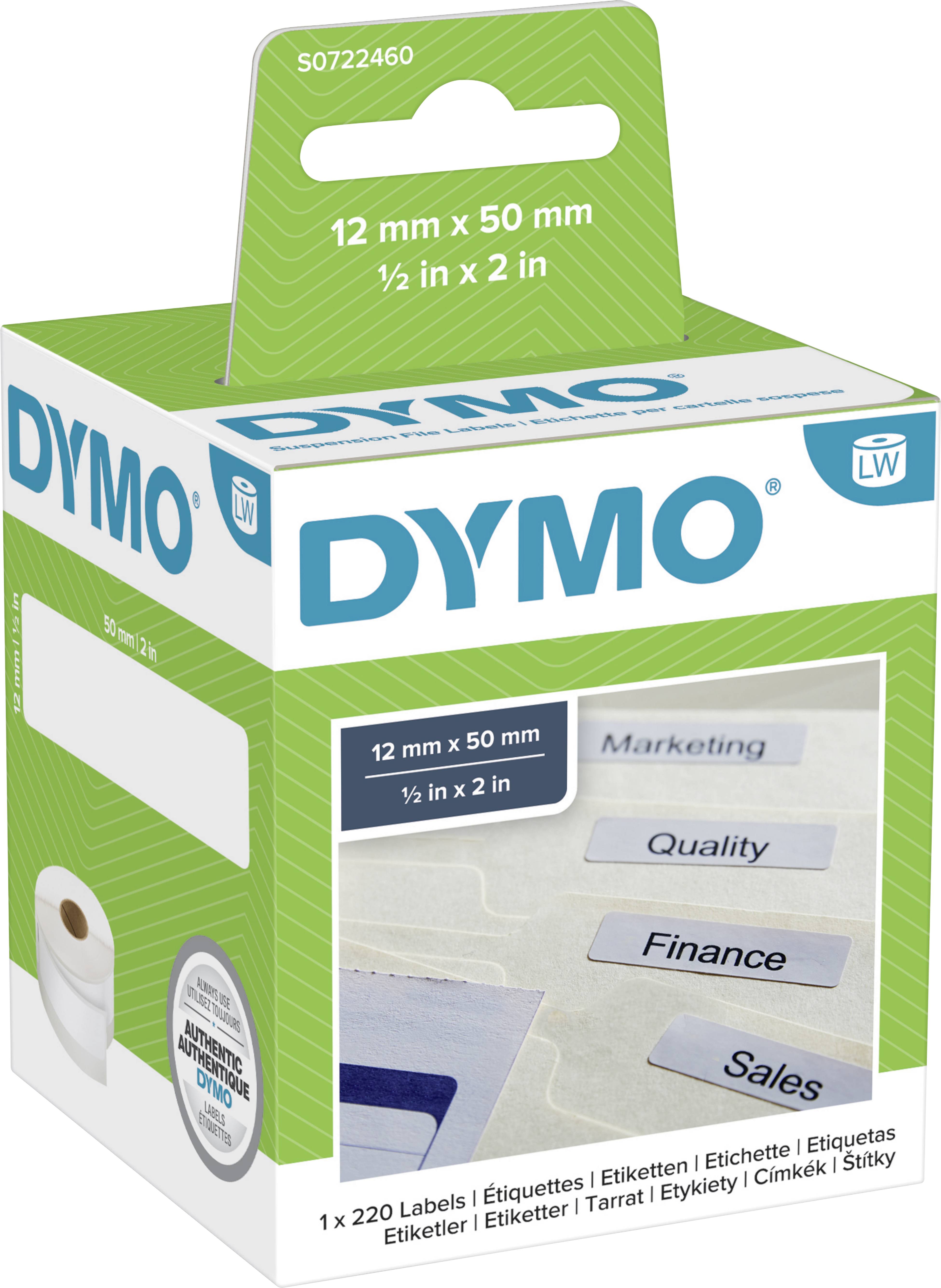 Dymo-Etikettenverpackung mit Texten 'Marketing', 'Quality', 'Finance', 'Sales'. Enthält 1 Rolle, 12 mm x 50 mm Etiketten.