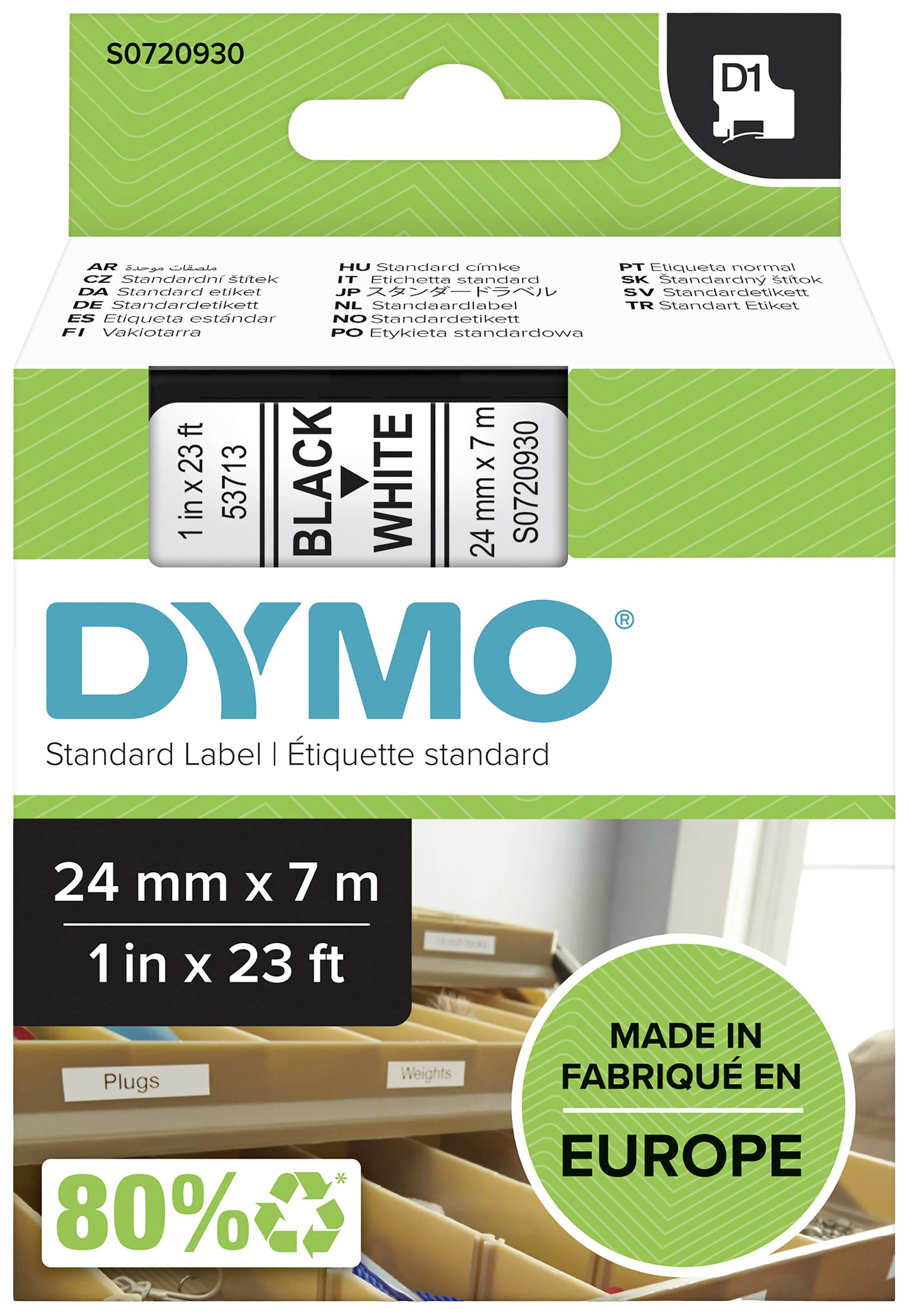 'DYMO Standard Label' Verpackung zeigt schwarze auf weiße Etiketten, 24 mm x 7 m. Herstellerangabe: 'Made in Europe', 80 % recyceltes Material.