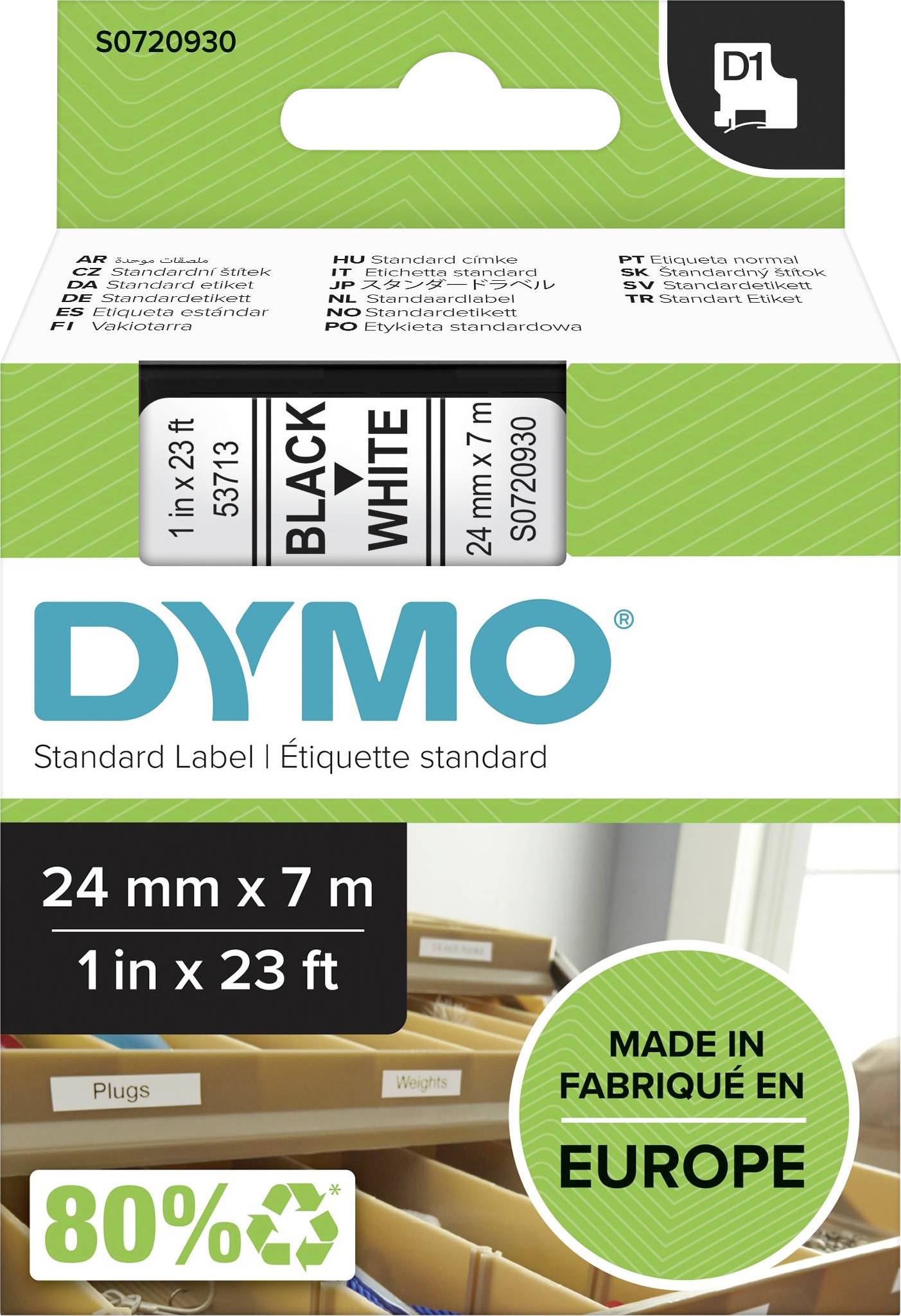 DYMO Standard Label, 24 mm x 7 m, schwarz auf weiß, Artikelnummer S0720930, hergestellt in Europa, 80 % Recyclinganteil.