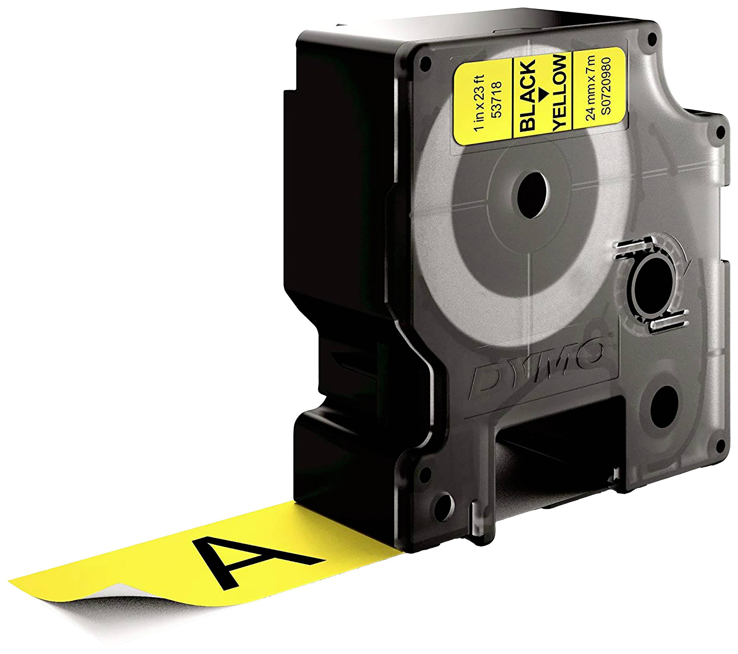 Schwarzer Druckerpatrone mit gelbem Etikett, auf dem 'BLACK 19mm' steht. Ein gelbes Band wird gedruckt, Buchstabe 'A' sichtbar.