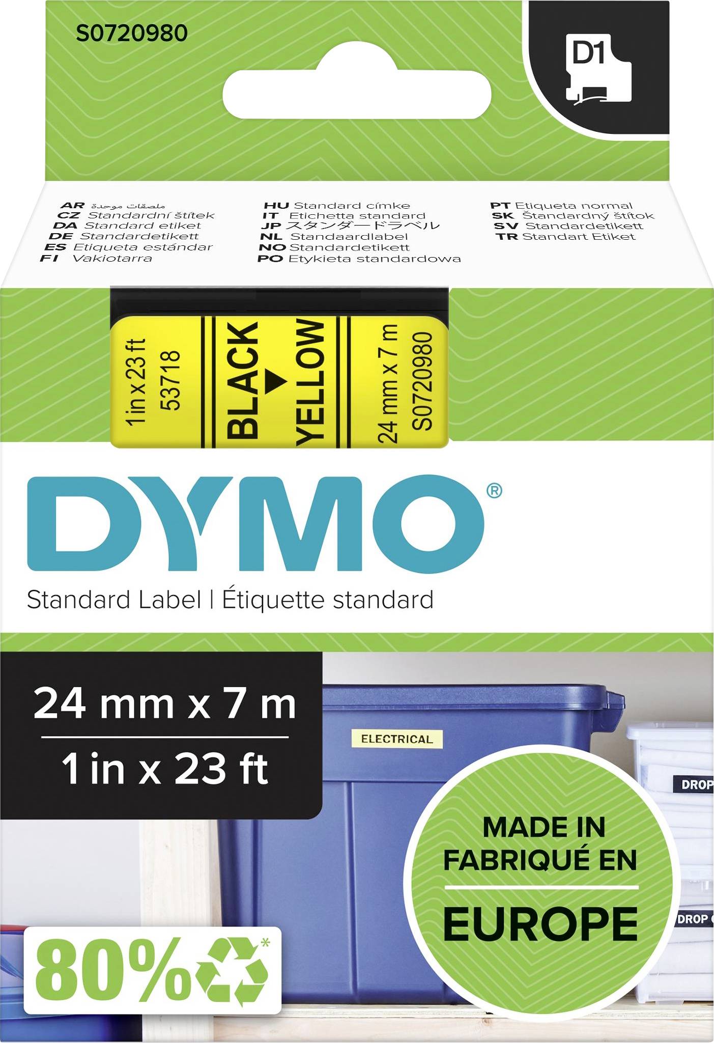 'DYMO' Etikettenverpackung mit gelben Etiketten für Standardbeschriftungen, Größe 24 mm x 7 m. Hergestellt in Europa, 80% recycelbar.