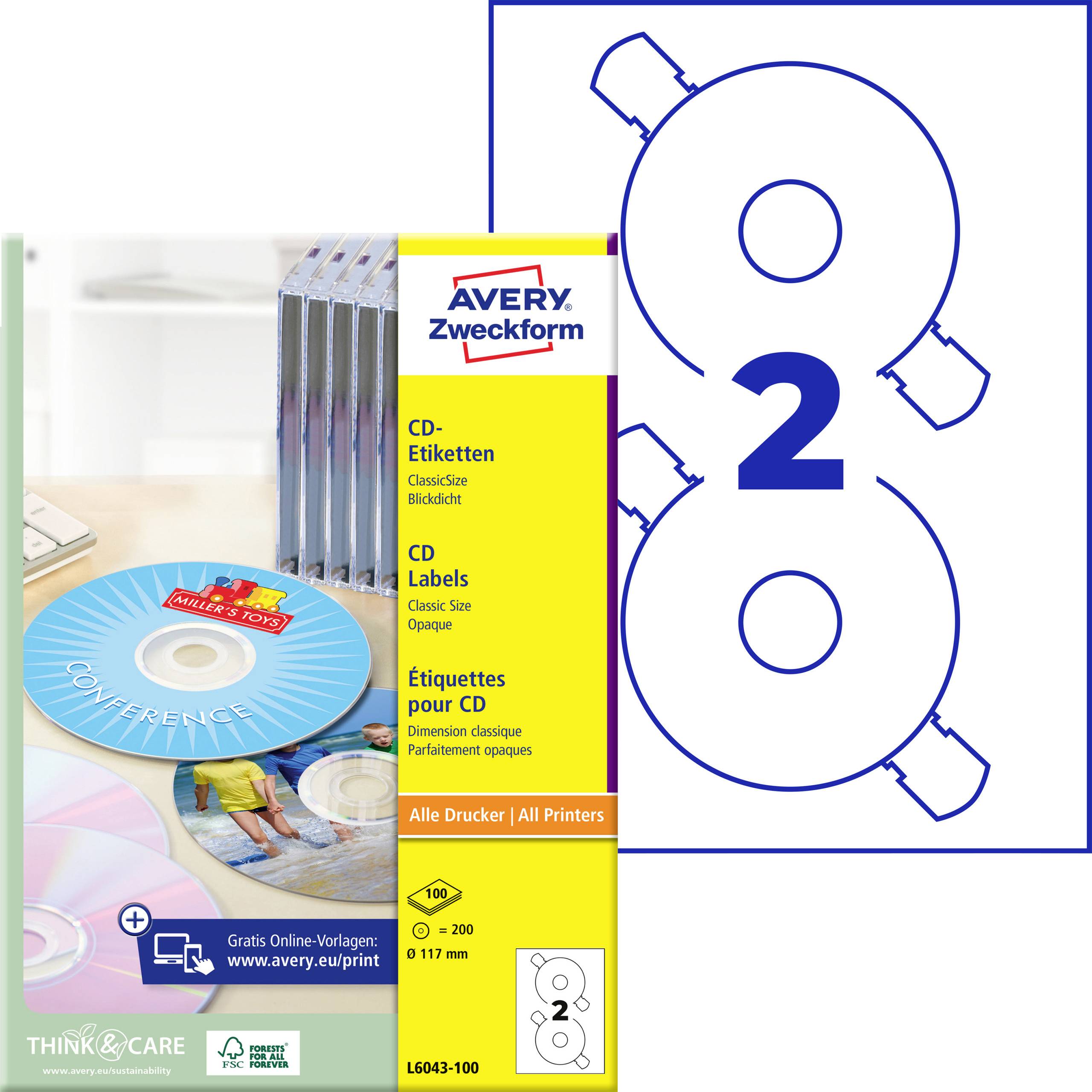 Avery Zweckform CD-Etikett-Paket für zwei runde Etiketten, zeigt ein großes blaues Umriss-Layout des Etiketts und die Produktverpackung.