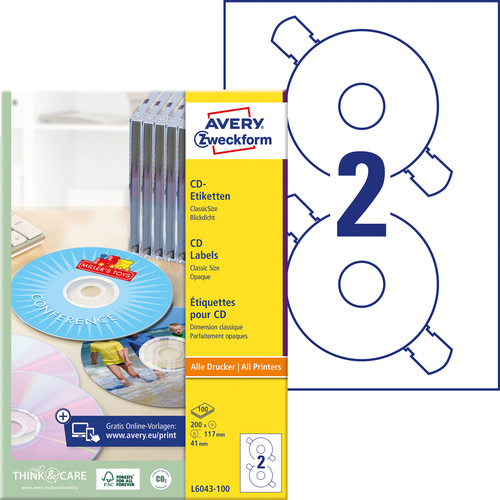 Avery-Zweckform L6043-100 CD-Etiketten Ø 117mm Papier Weiß 200 St. Permanent haftend Tintenstrahldrucker, Laserdrucker