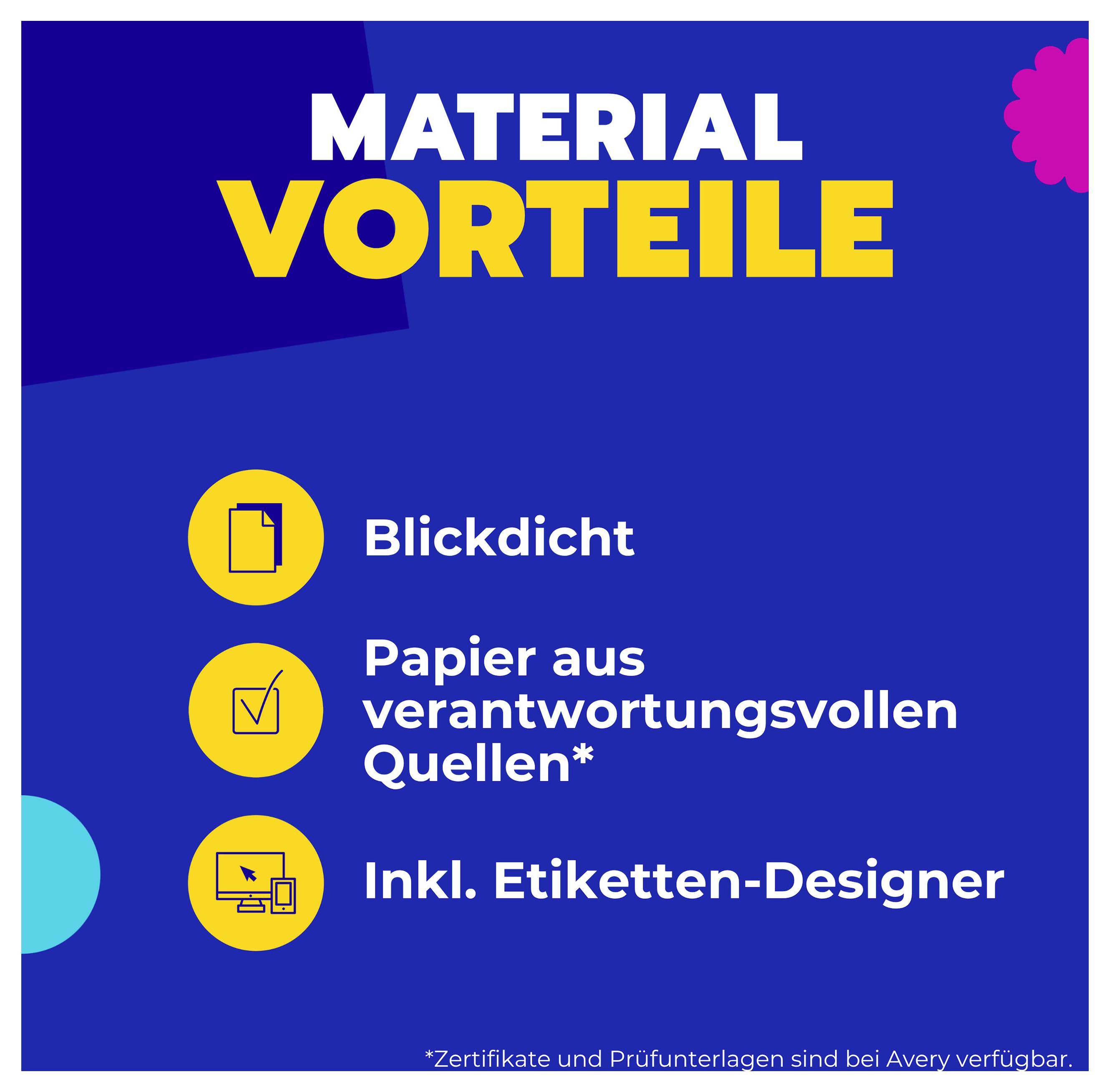 Infografik 'Material Vorteile' mit drei Punkten: blickdicht, Papier aus verantwortungsvollen Quellen und inklusive Etiketten-Designer.