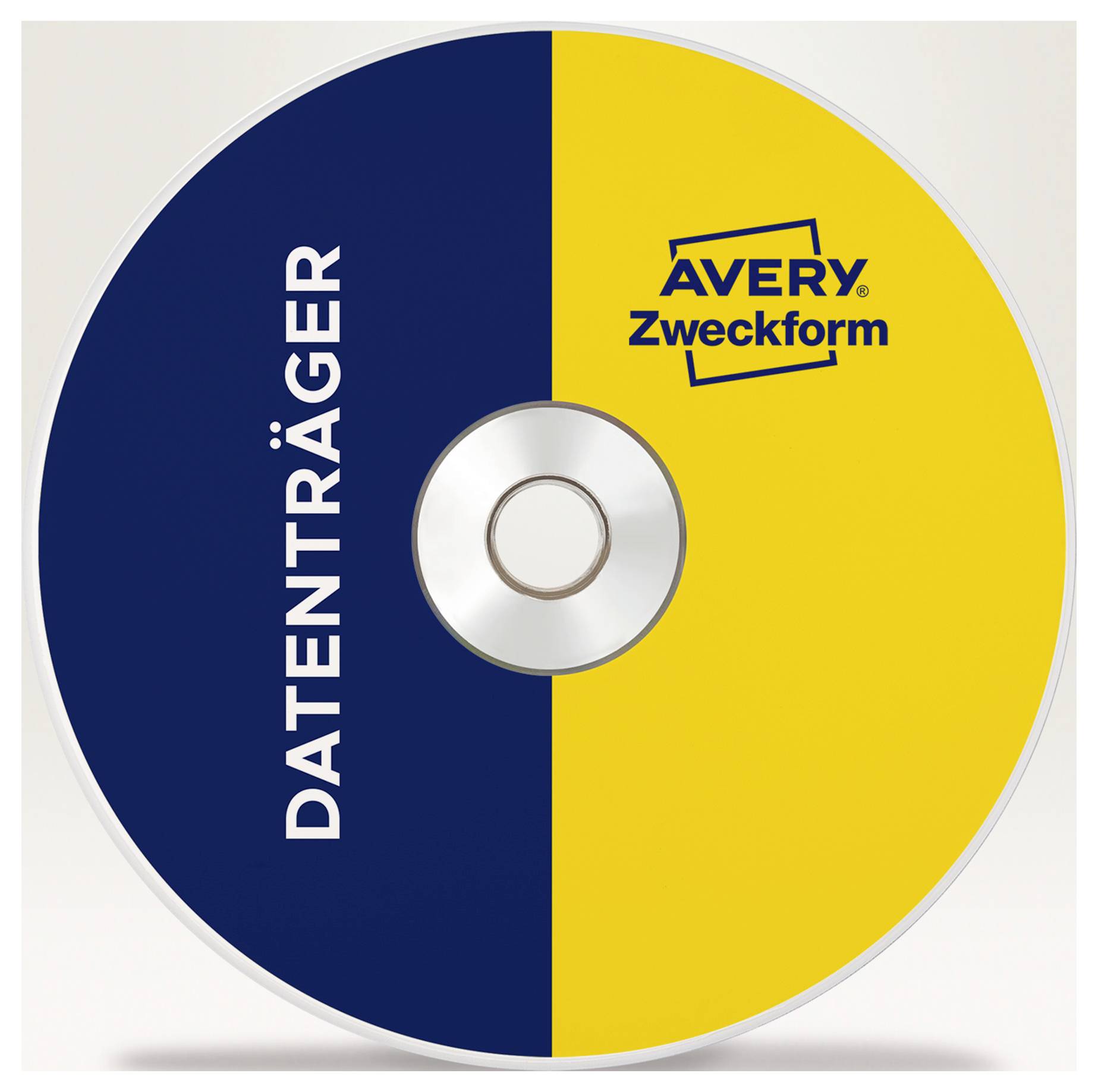 Geteilte CD-Rom mit den Aufdrucken 'DATENTRÄGER' und 'Avery Zweckform' in Blau und Gelb.