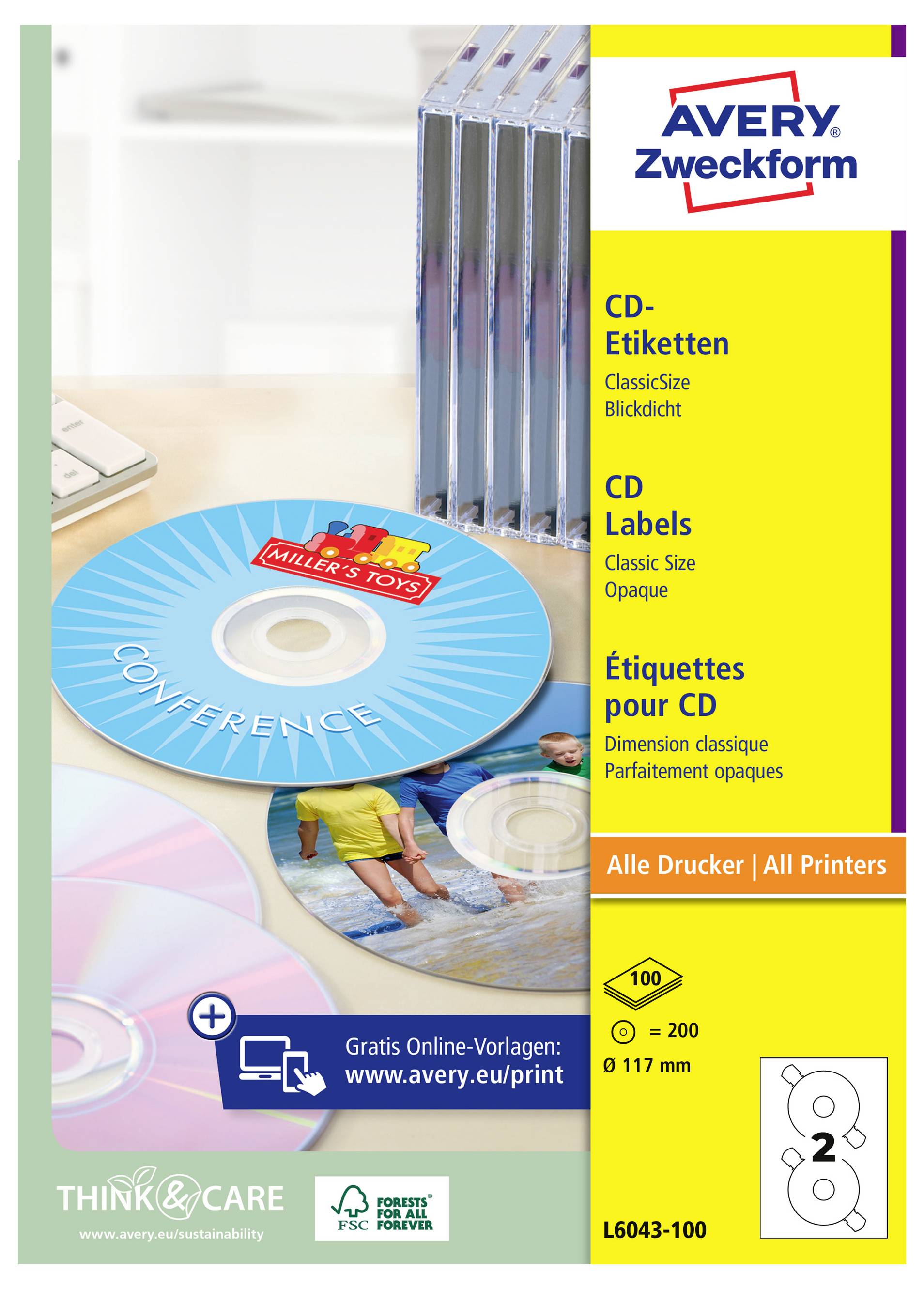 Avery Zweckform CD-Etikett Paket mit blauem Scheiben-Etikett oben und mehrsprachigem Text: 'CD-Etiketten', 'Klassische Größe', 'Undurchsichtig', 100 Blatt, 117 mm.