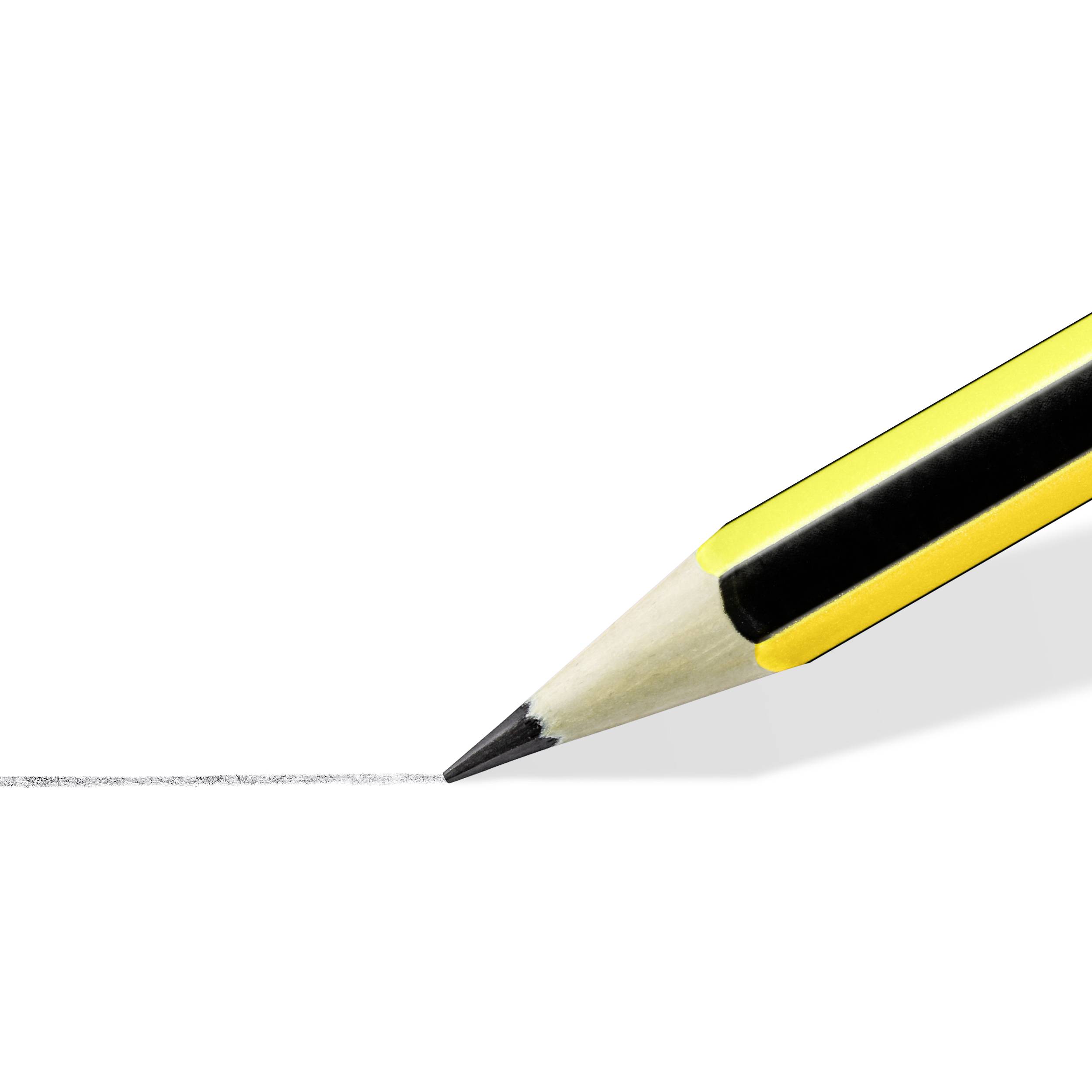 Gelber Bleistift mit schwarzer Spitze zeichnet eine dünne, gerade Linie auf weißem Hintergrund.