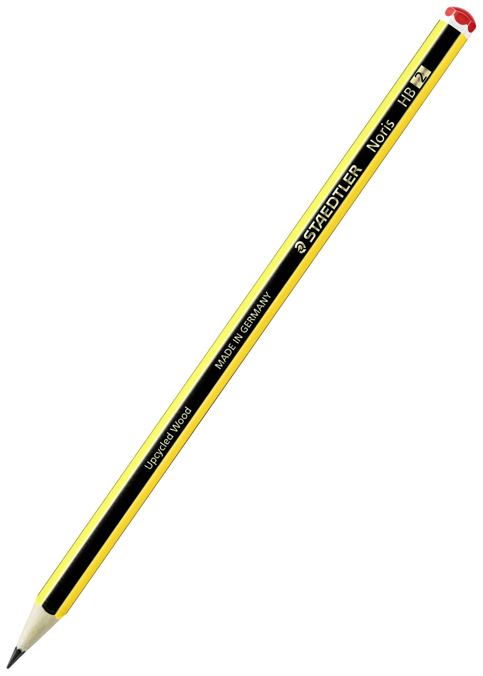 Bleistift in gelb-schwarzem Design liegt schräg. Aufschrift 'Staedtler Noris HB 2'.