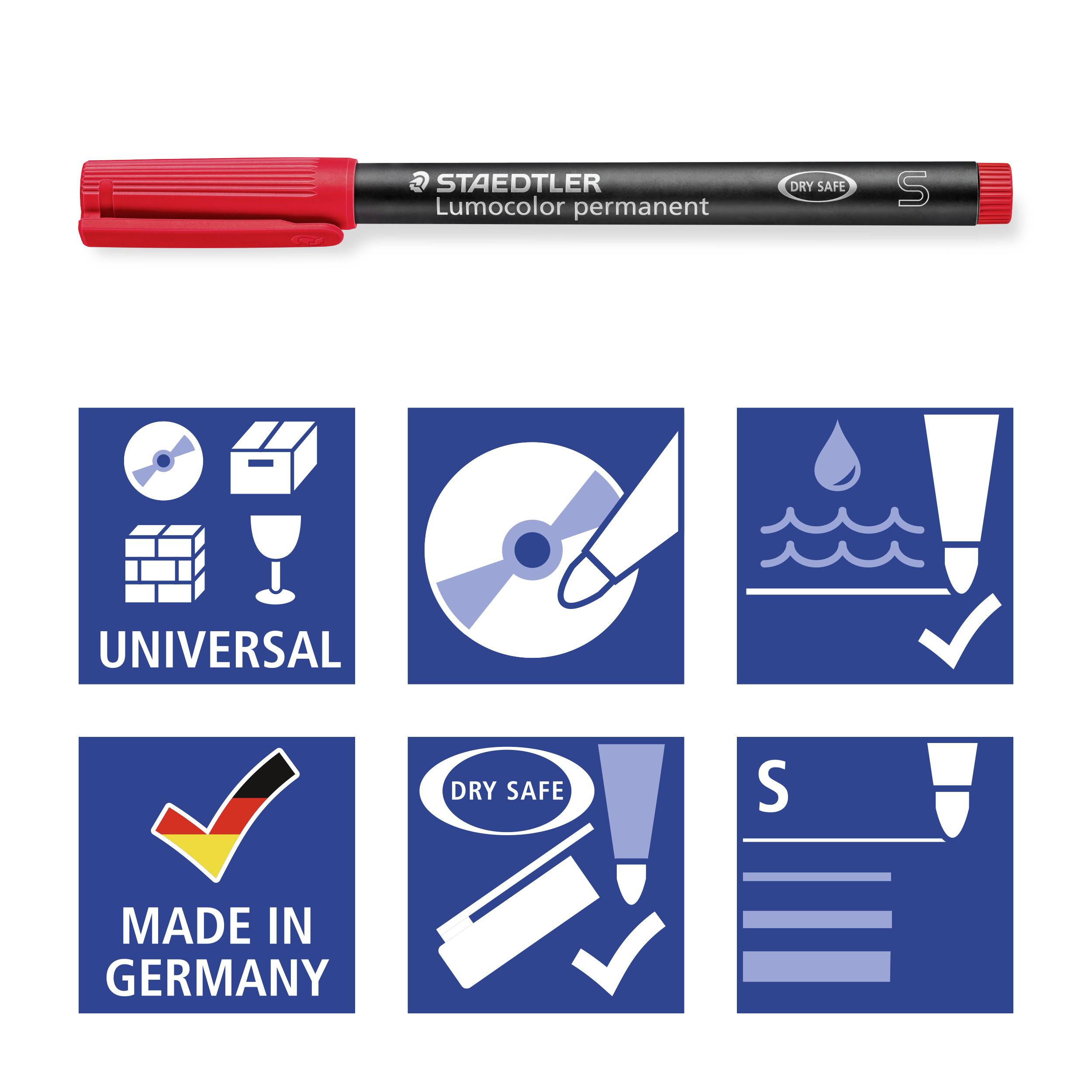 'Staedtler Lumocolor Permanent S' Stift mit roter Kappe. Symbole zeigen: universal, wasserfest, hergestellt in Deutschland.