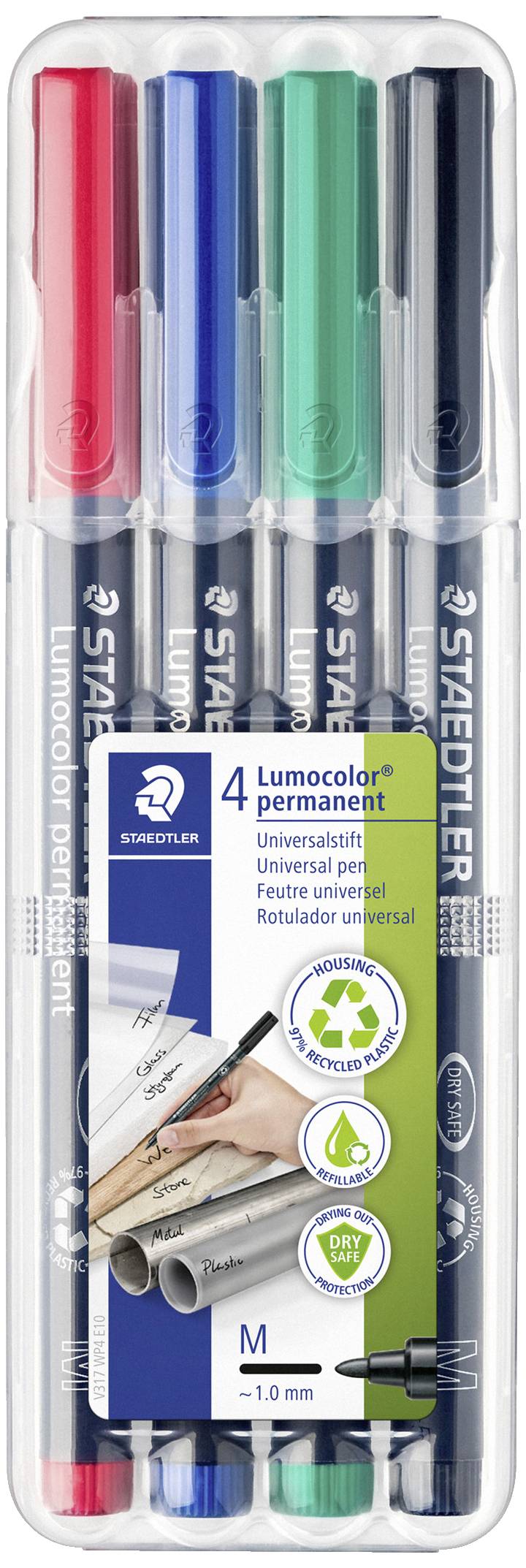 Staedtler Lumocolor permanent M DRY SAFE 317 WP4 Permanentmarker Rot, Blau, Grün, Schwarz wasserfes