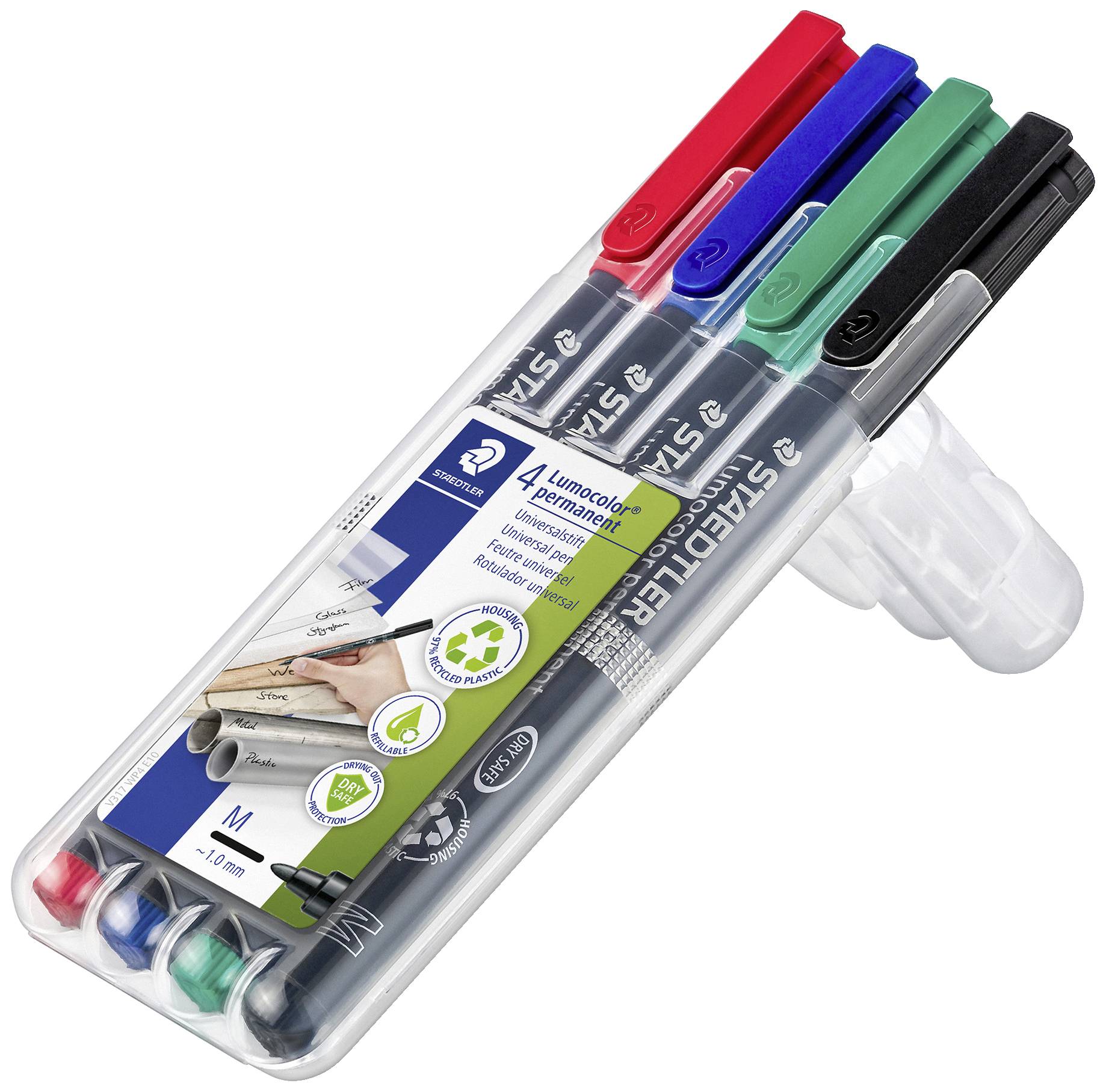 Staedtler Lumocolor permanent M DRY SAFE 317 WP4 Permanentmarker Rot, Blau, Grün, Schwarz wasserfest: Ja