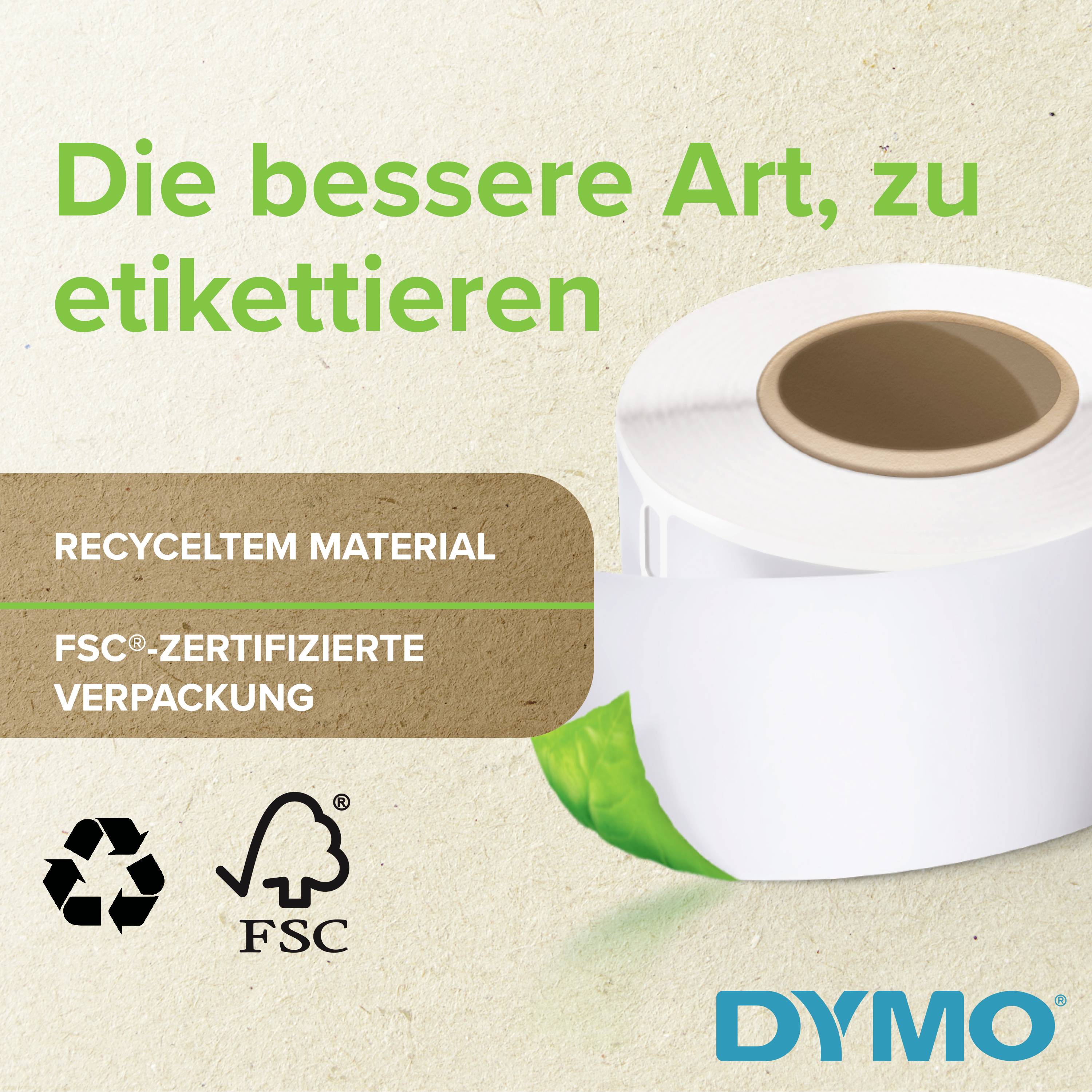 'Die bessere Art, zu etikettieren' steht über einer Rolle Etiketten auf recyceltem Material. Symbole für Recycling und FSC-Zertifikat sind sichtbar.