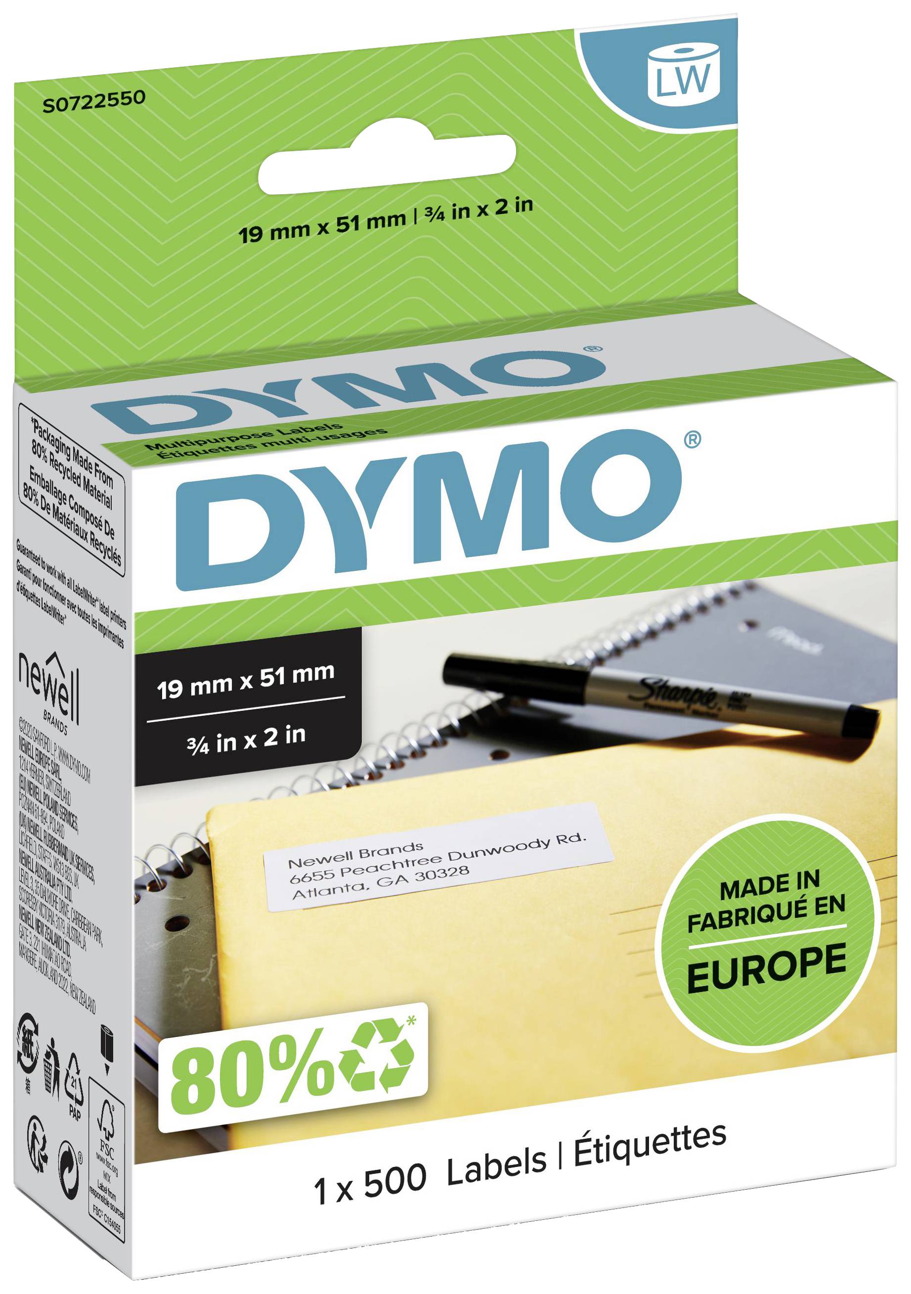 'DYMO'-Etikettenbox, 500 Stück, 19 mm x 51 mm, eignet sich gut zur Adresskennzeichnung, hergestellt in Europa, 80 % recyceltes Material.