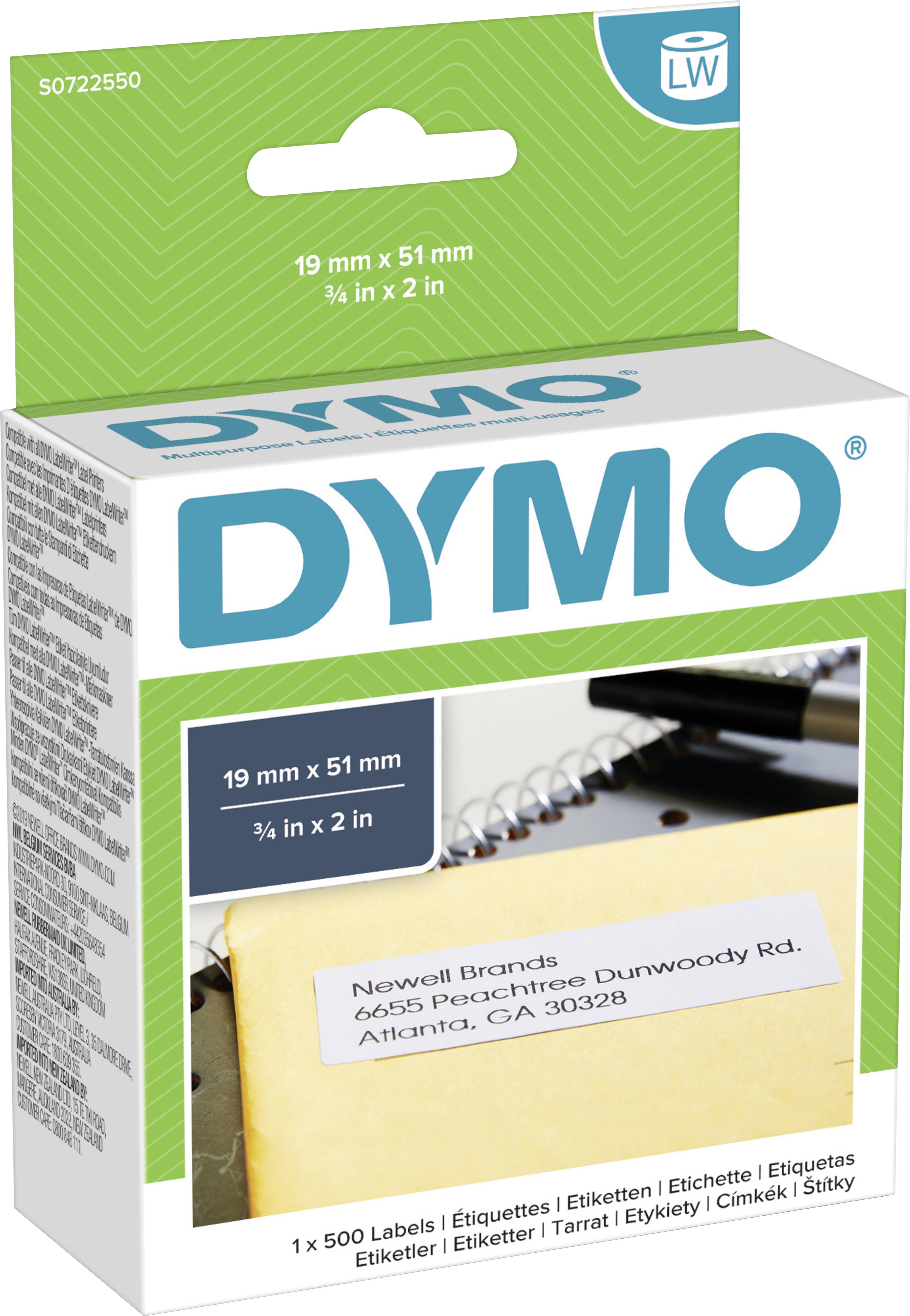 Verpackung einer Packung DYMO-Etiketten, Größe 19 mm x 51 mm, mit einem Beispiel-Etikett auf einem Paket; Adresse: Newell Brands, 6655 Peachtree Dunwoody Rd, Atlanta, GA 30328.