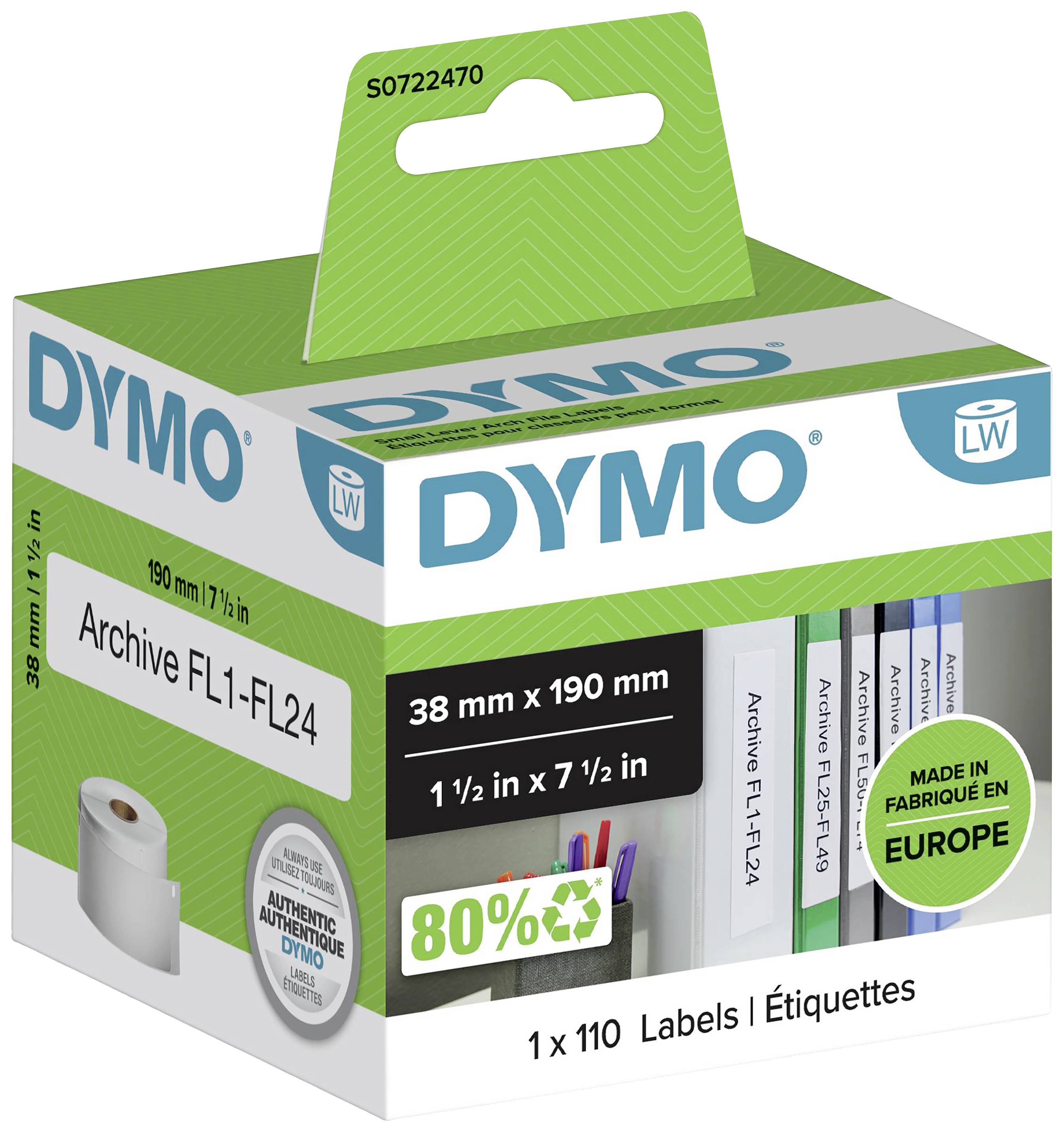 Verpackung einer DYMO-Etikettenrolle. Text: 'Archive FL1-FL24', enthält 80% recyceltes Material, hergestellt in Europa.