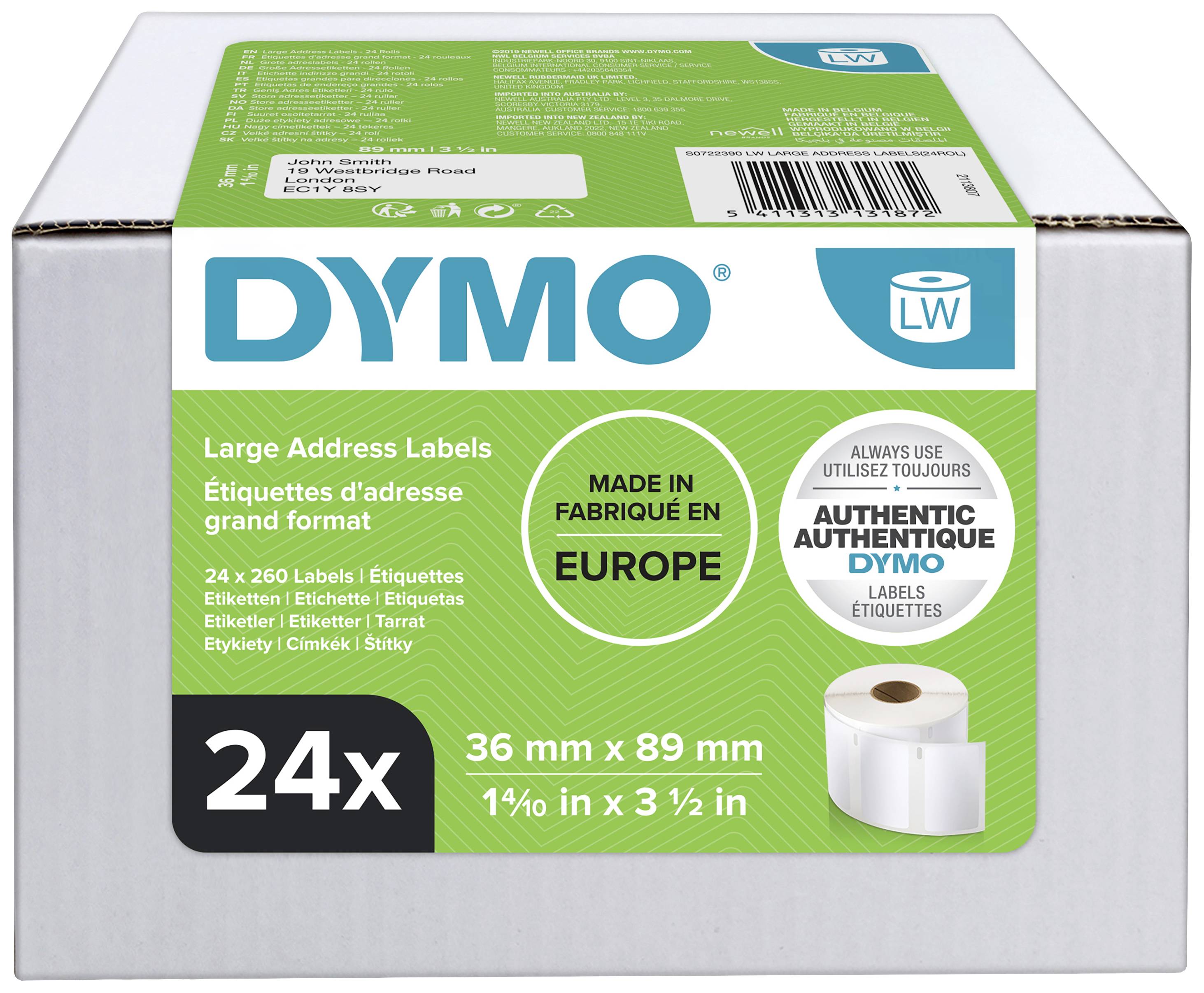 'DYMO LW Large Address Labels, 24 Rollen, 36 mm x 89 mm, Hergestellt in Europa.' Verpackung mit grünem Etikettendesign.