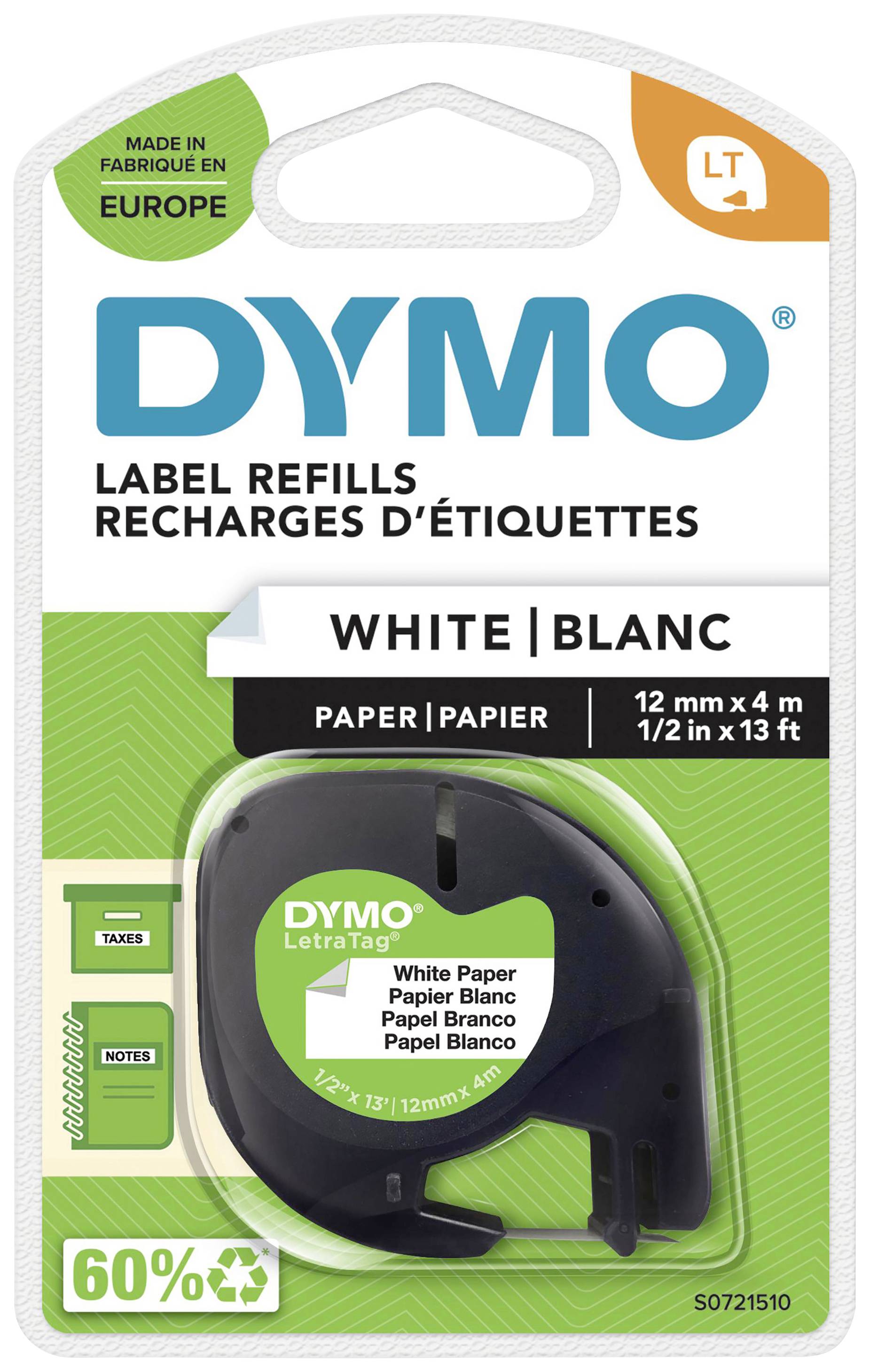 'DYMO Label Refills' Verpackung mit weißer Papier-Etikettenrolle, 12 mm x 4 m. Für DYMO LetraTag. Hergestellt in Europa.