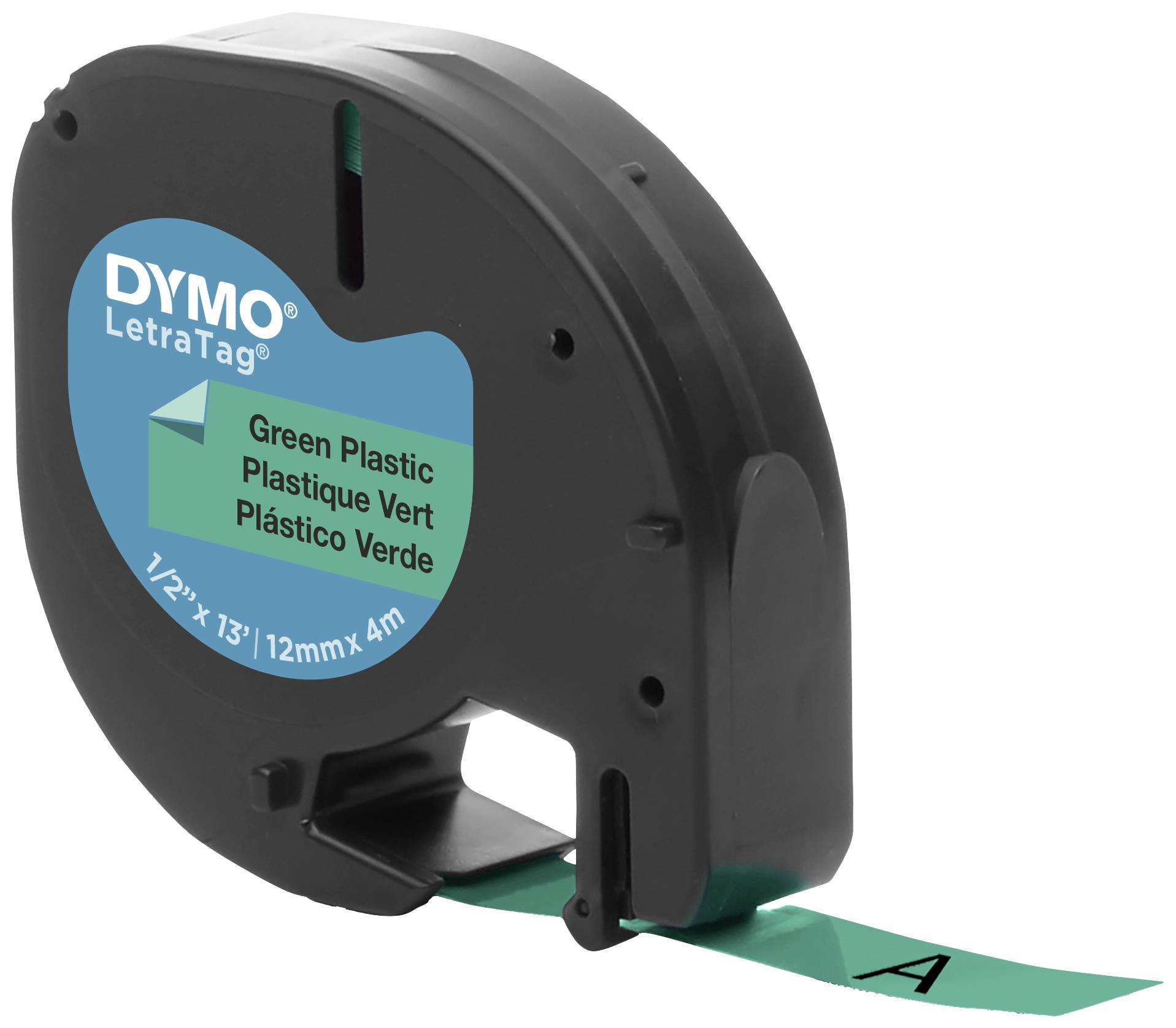 Schwarze Schriftbandkassette mit grünem Band 'A' von Dymo LetraTag, geeignet zum Etikettendrucken auf Kunststoffoberflächen.