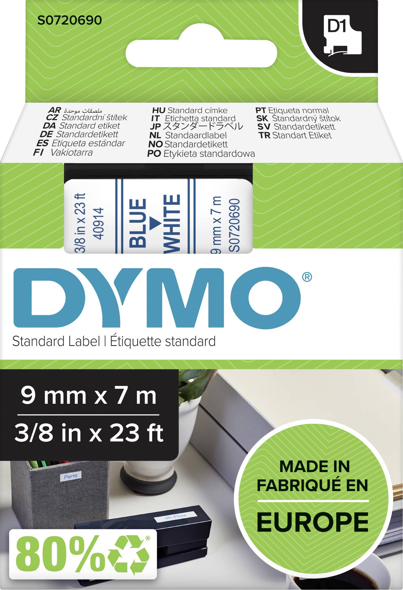 Verpackung für DYMO Standard-Etikettenband. Text: '9 mm x 7 m'. Hergestellt in Europa. 80% recyceltes Material.