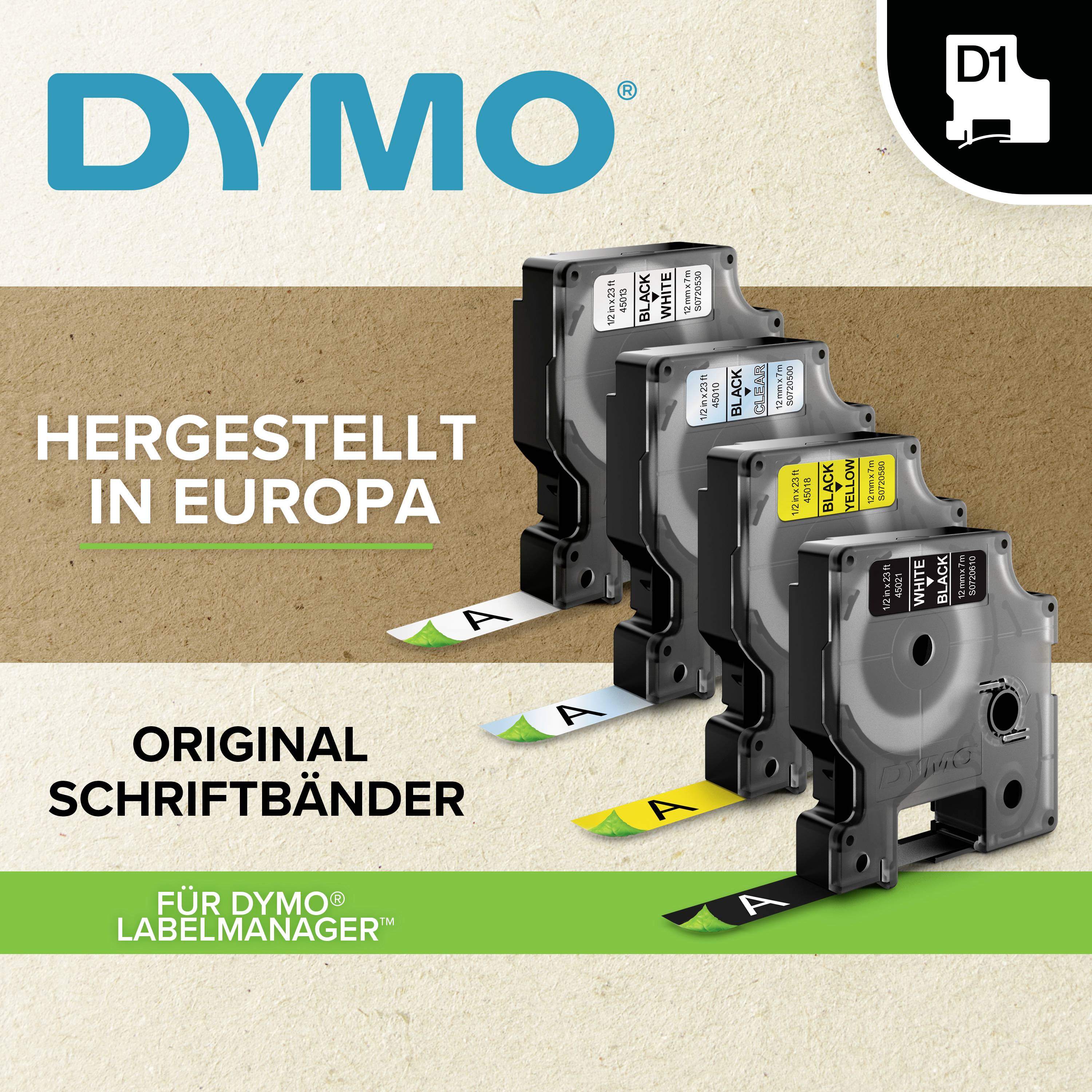 Drei DYMO Schriftbänder in verschiedenen Farben nebeneinander. Text: Hergestellt in Europa. Für DYMO LabelManager.