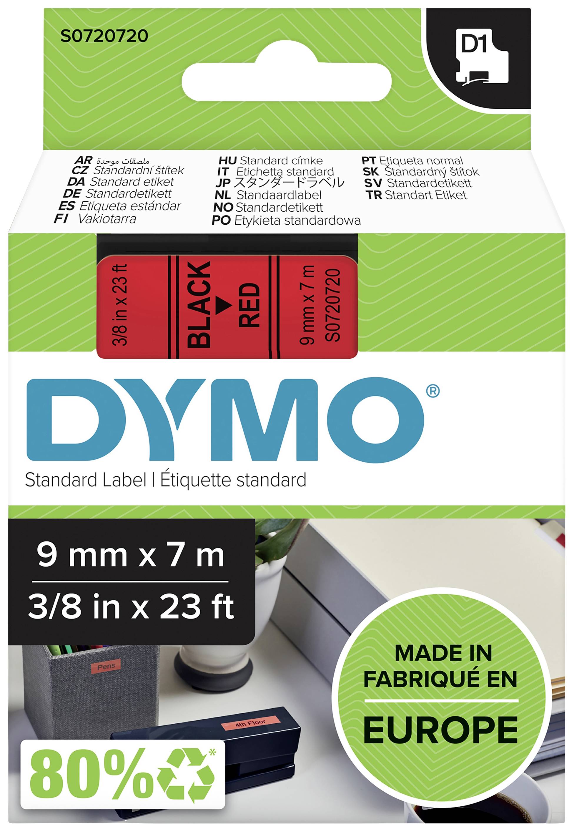 Verpackung von Dymo Standardetiketten in Schwarz und Rot. Größe: 9 mm x 7 m. Hinweis: 'Made in Europe', 80% recyceltes Material.