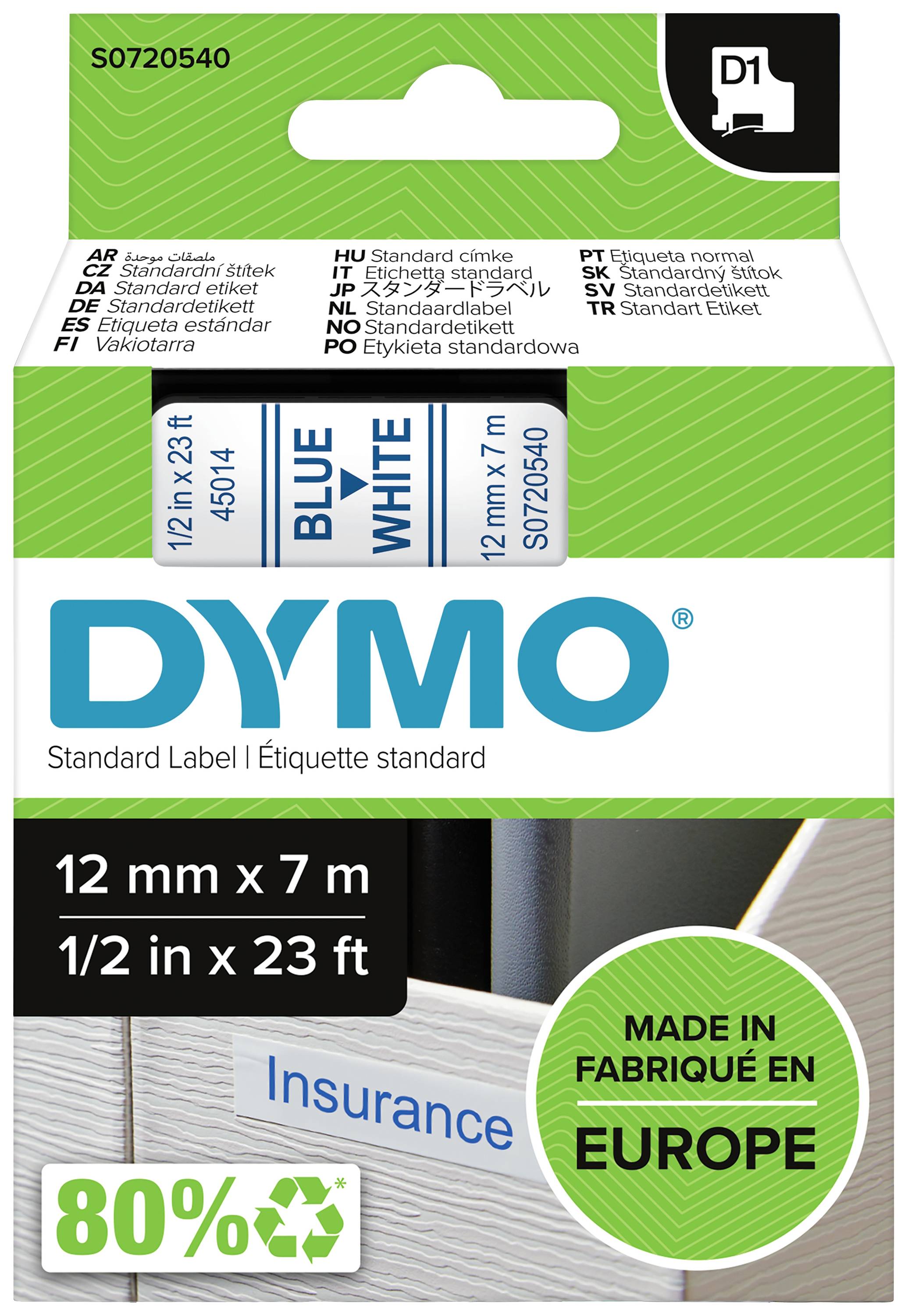 Etikettierband von Dymo, blau und weiß, 12 mm x 7 m, für Beschriftungsgeräte. Verpackung betont Nachhaltigkeit mit 80% Recyclingmaterial.