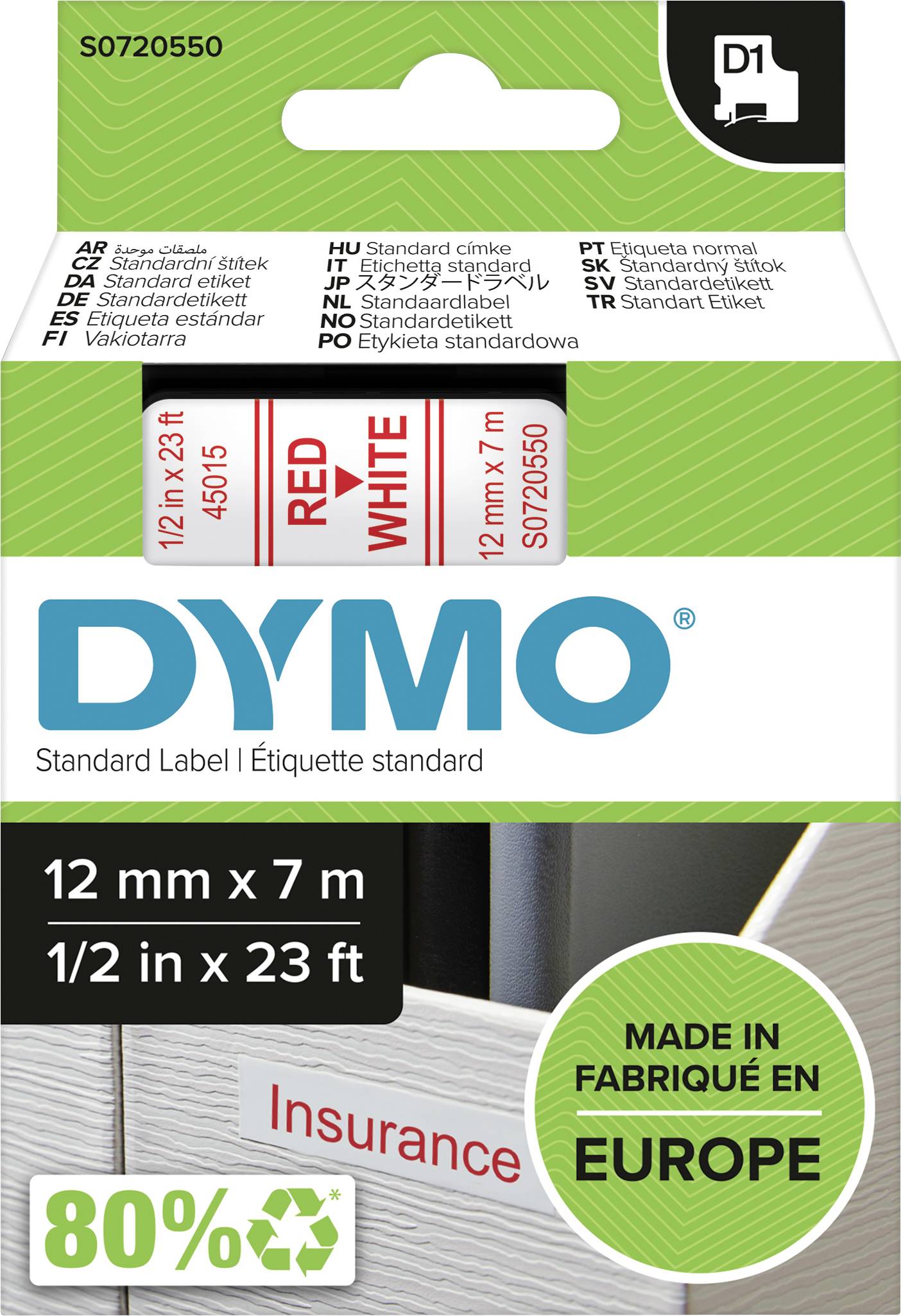 Verpackung einer DYMO-Standardetikette mit den Maßen 12 mm x 7 m. Aufschrift: 'RED WHITE', 'MADE IN EUROPE', '80%'.