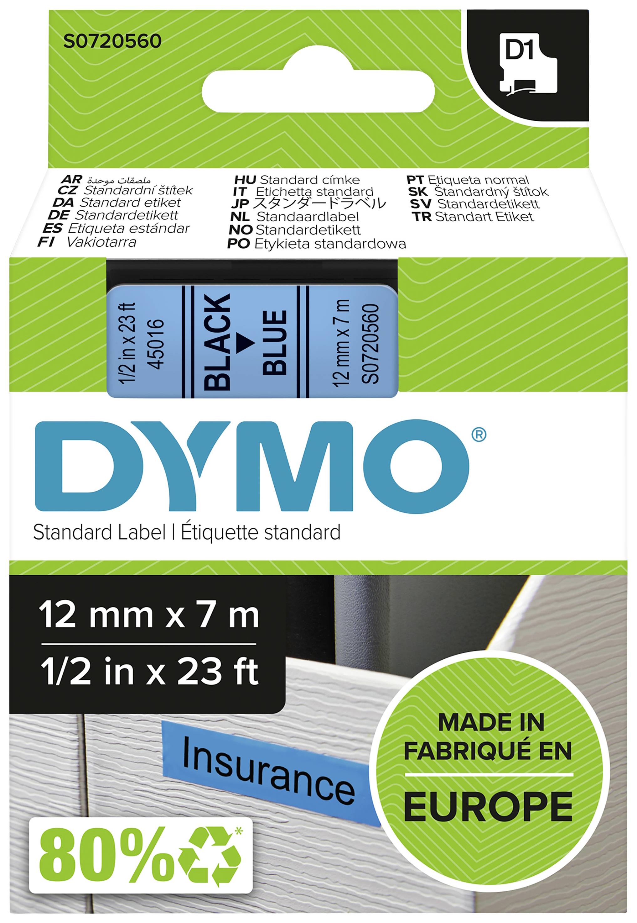 'DYMO'-Verpackungsetikett. Schwarzer Text auf blauem Band, 12 mm x 7 m. Hervorgehoben: 'Insurance' und 'Made in Europe'.