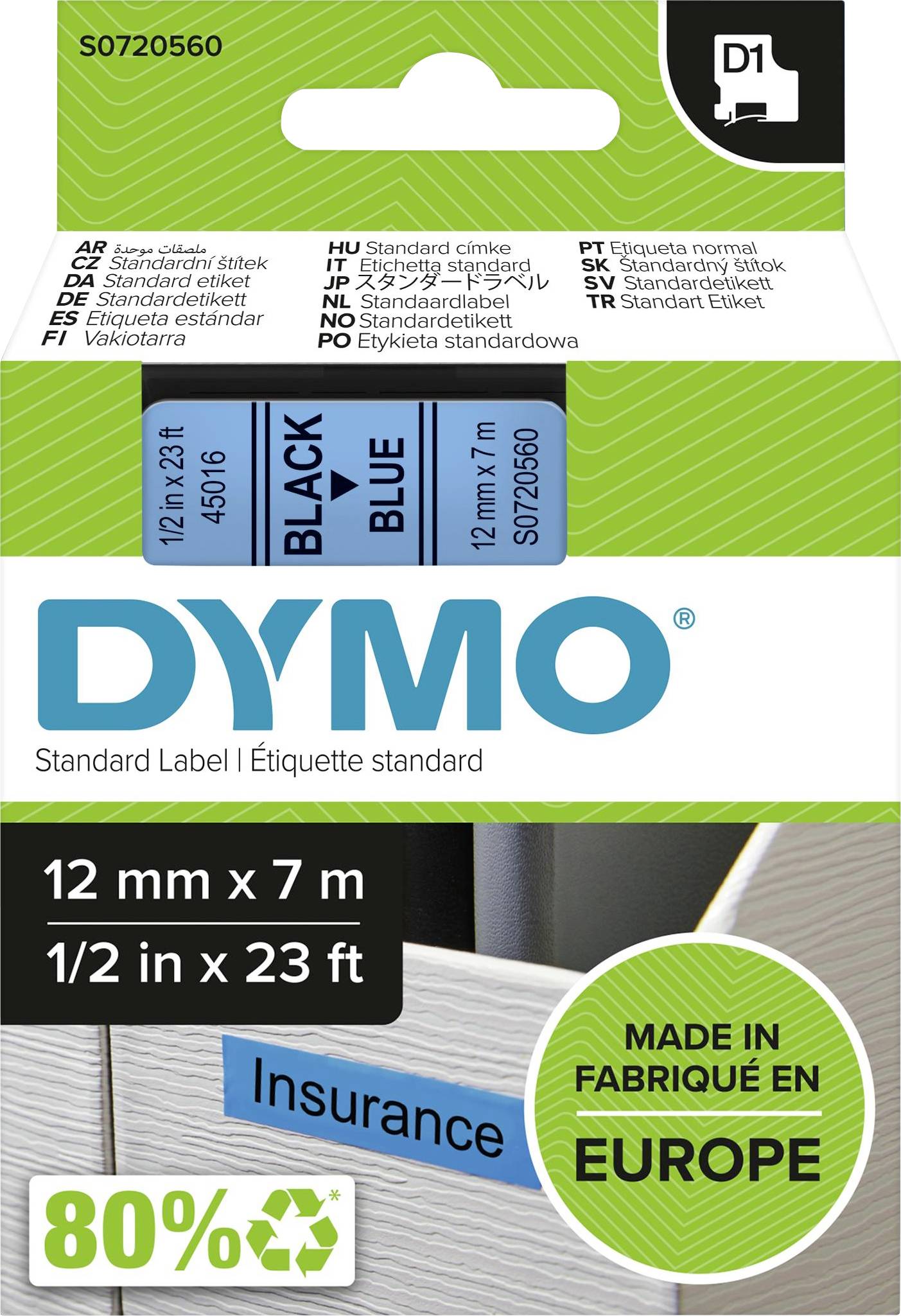 Etikettenverpackung mit der Marke 'DYMO', zeigt schwarze und blaue Standardetiketten in 12 mm x 7 m. Hergestellt in Europa.
