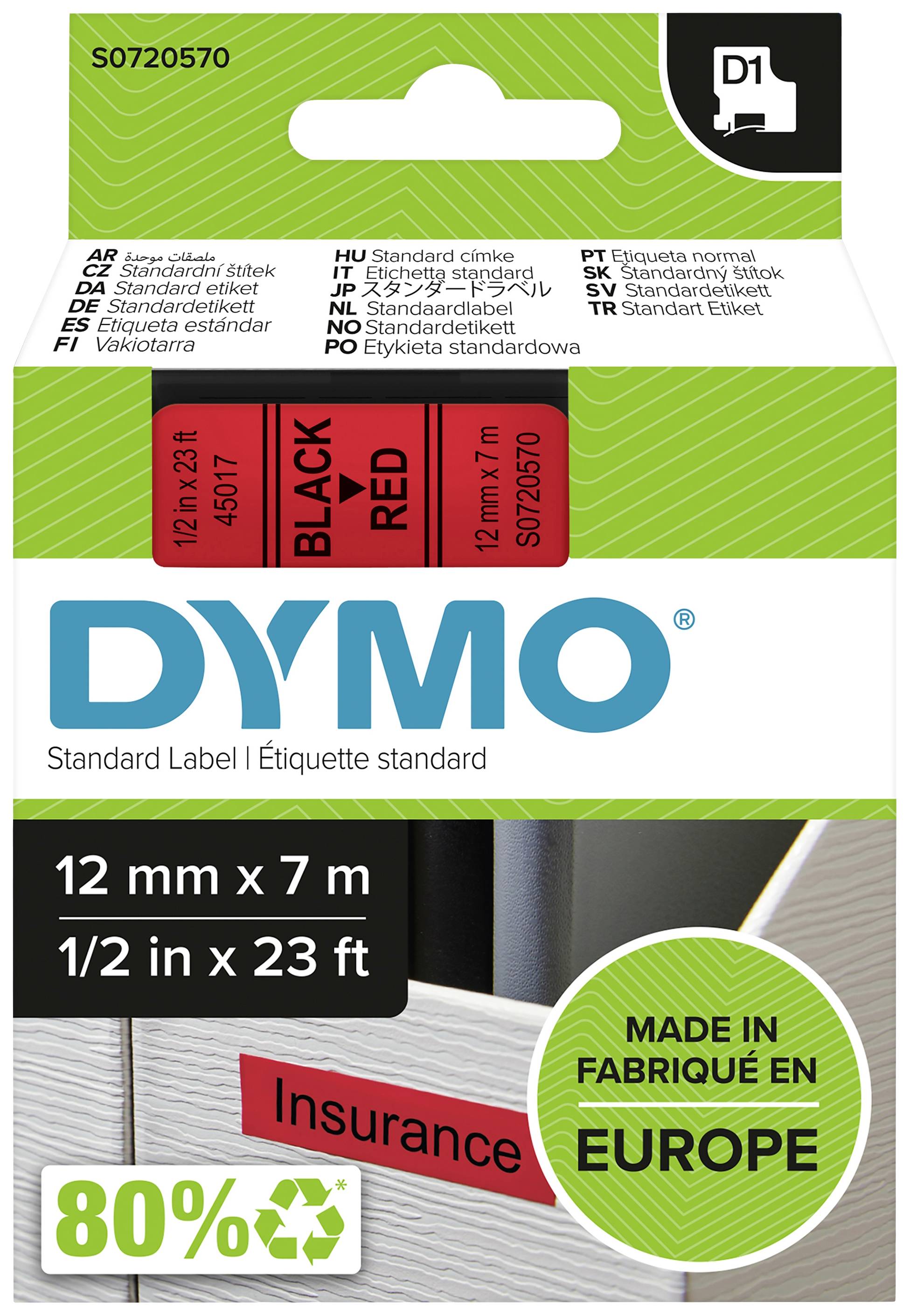 DYMO Etikettenpackung, schwarz auf rot, 12 mm x 7 m, 80% recyceltes Material, hergestellt in Europa, Aufschrift 'Insurance'.