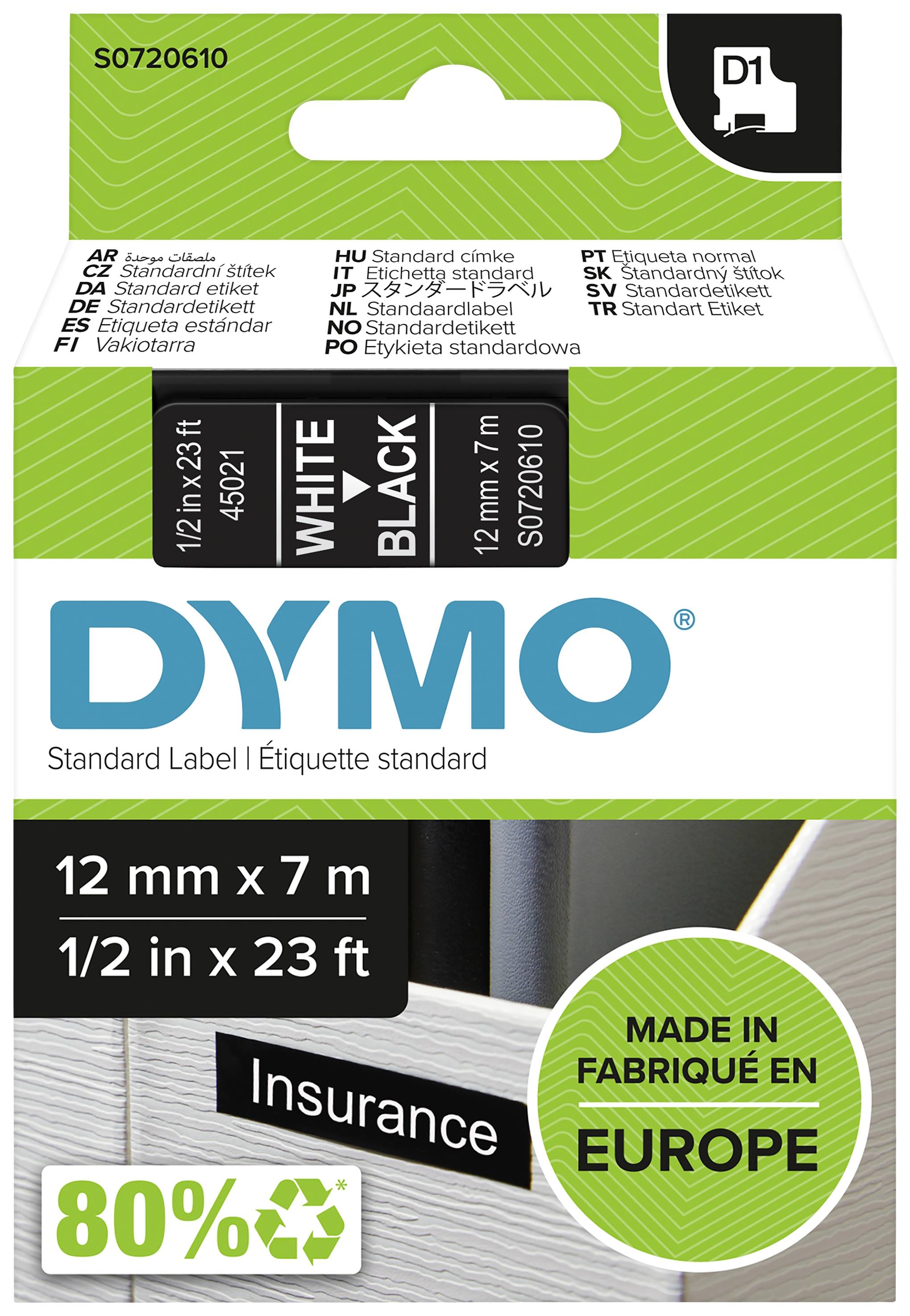Verpackung für DYMO-Etiketten, 12 mm x 7 m, schwarz auf weiß, bildet Etikett 'Insurance' ab, hergestellt in Europa, 80% recycelt.