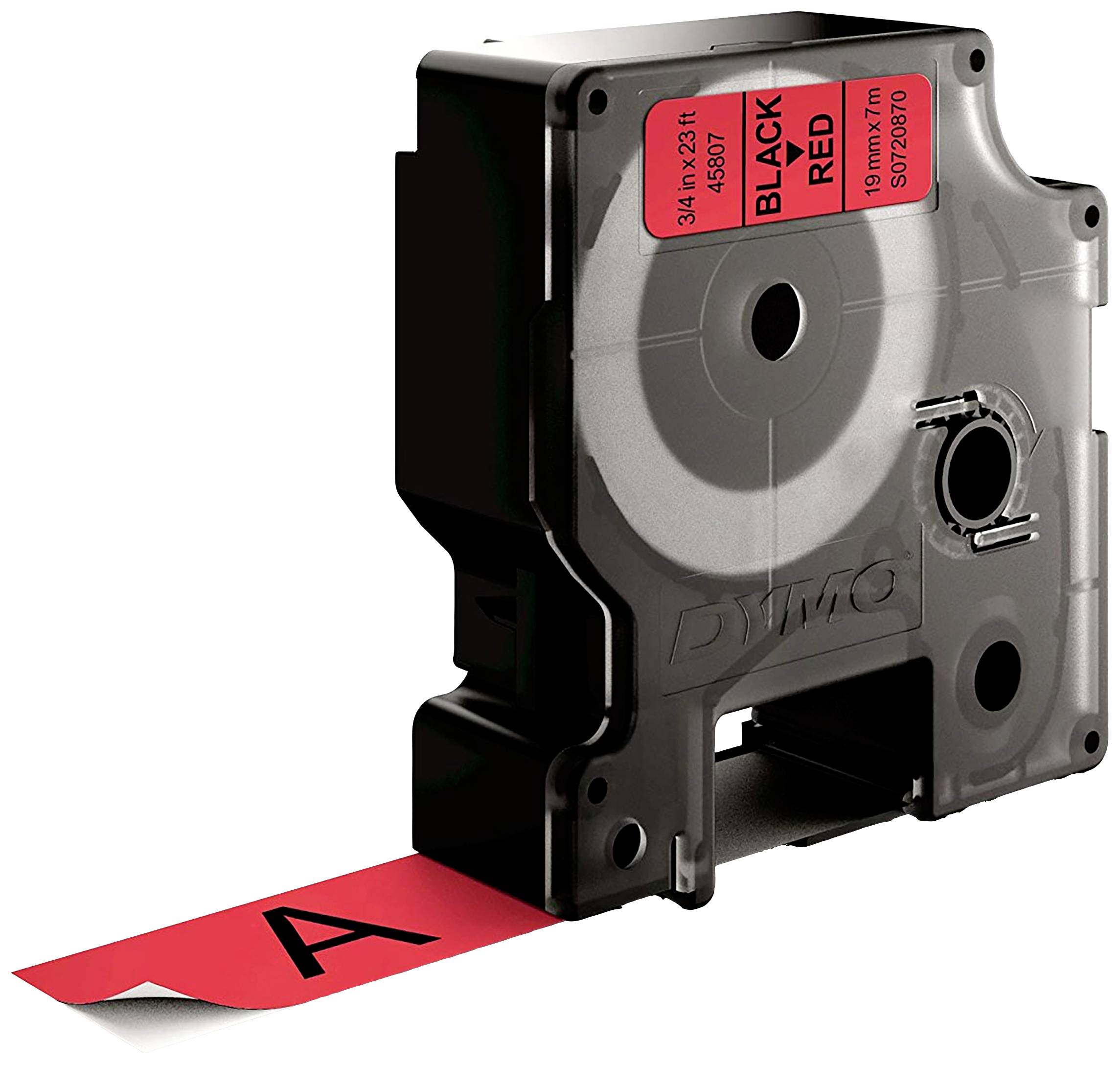 Etikettenkassette mit schwarzem Gehäuse und rotem Streifen, auf dem 'BLACK RED' steht, geeignet für DYMO-Drucker.
