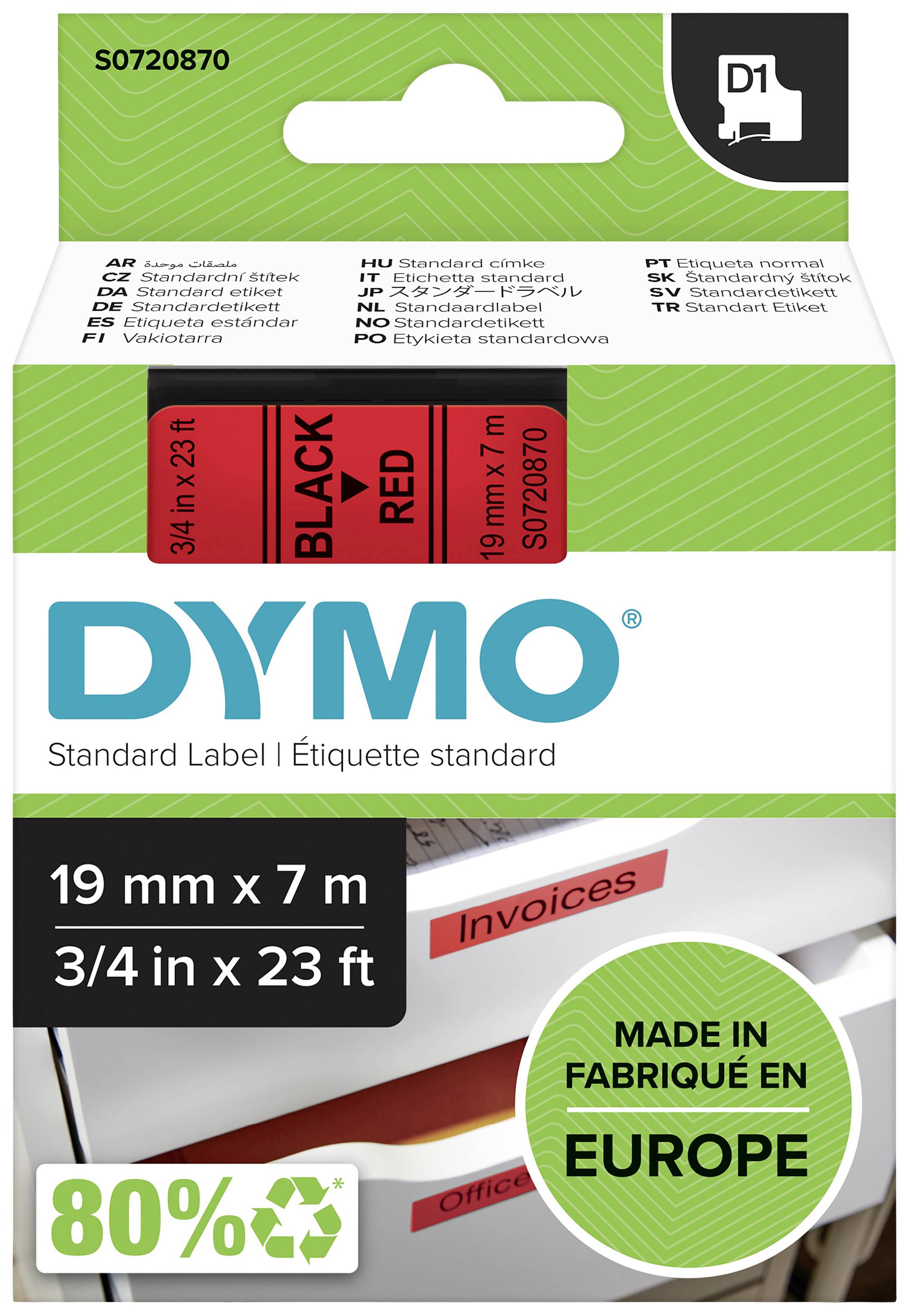 'DYMO' Standardetiketten-Packung, Etikettenmaße 19 mm x 7 m, schwarz auf rot, Hergestellt in Europa, 80% recycelte Materialien.