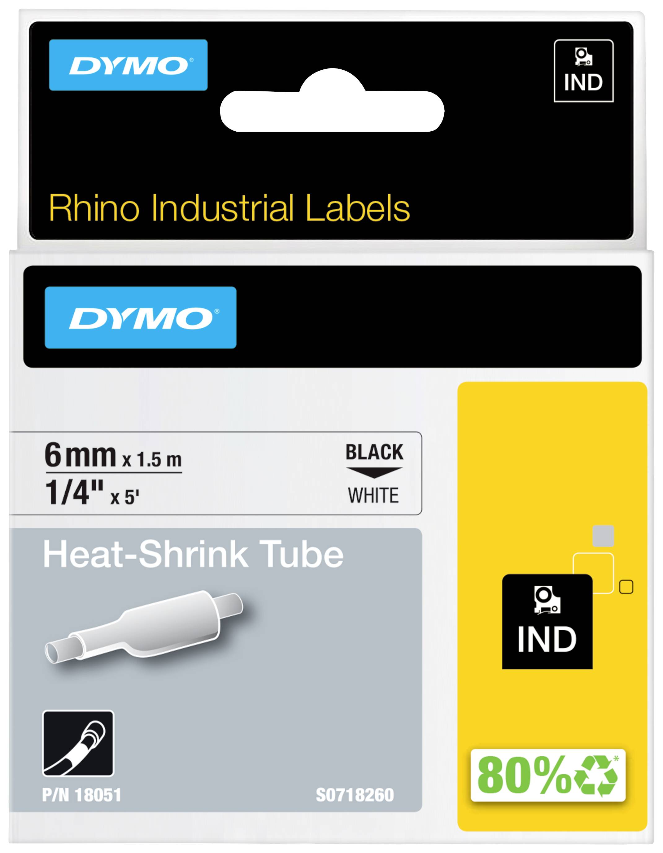 DYMO Schriftband Wärme-Schrumpfschlauch IND RHINO 18051 Polyolefin Bandfarbe: Weiß Schriftfarbe:Schwarz 6mm 1.5m