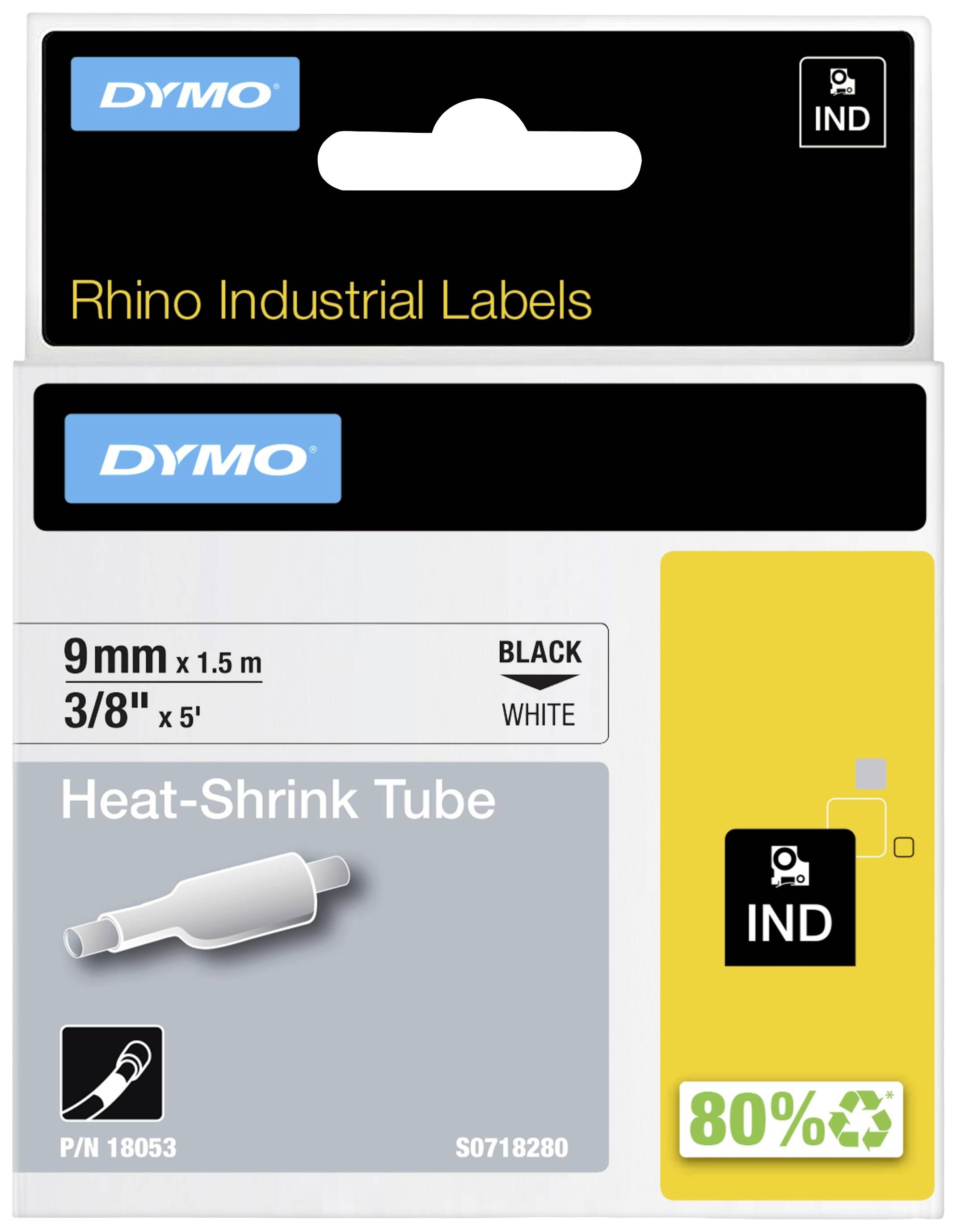 'DYMO Rhino Industrial Labels' Verpackung, zeigt ein 9mm x 1,5m schwarzes und ein 3/8