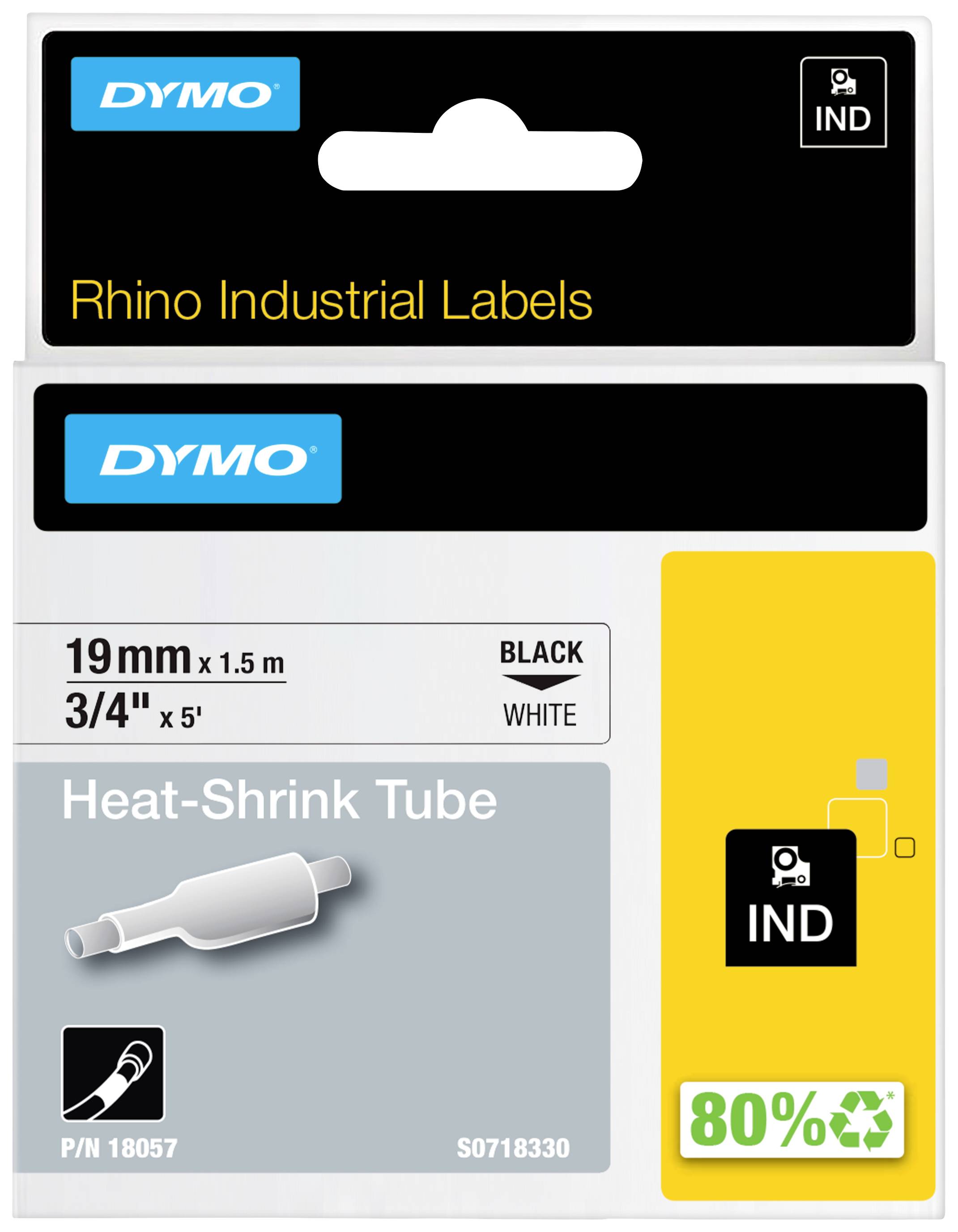 'DYMO Rhino Industrial Labels', 19mm x 1,5m, Schrumpfschlauch in Schwarz-Text auf weißem Hintergrund, 80% recycelbar.