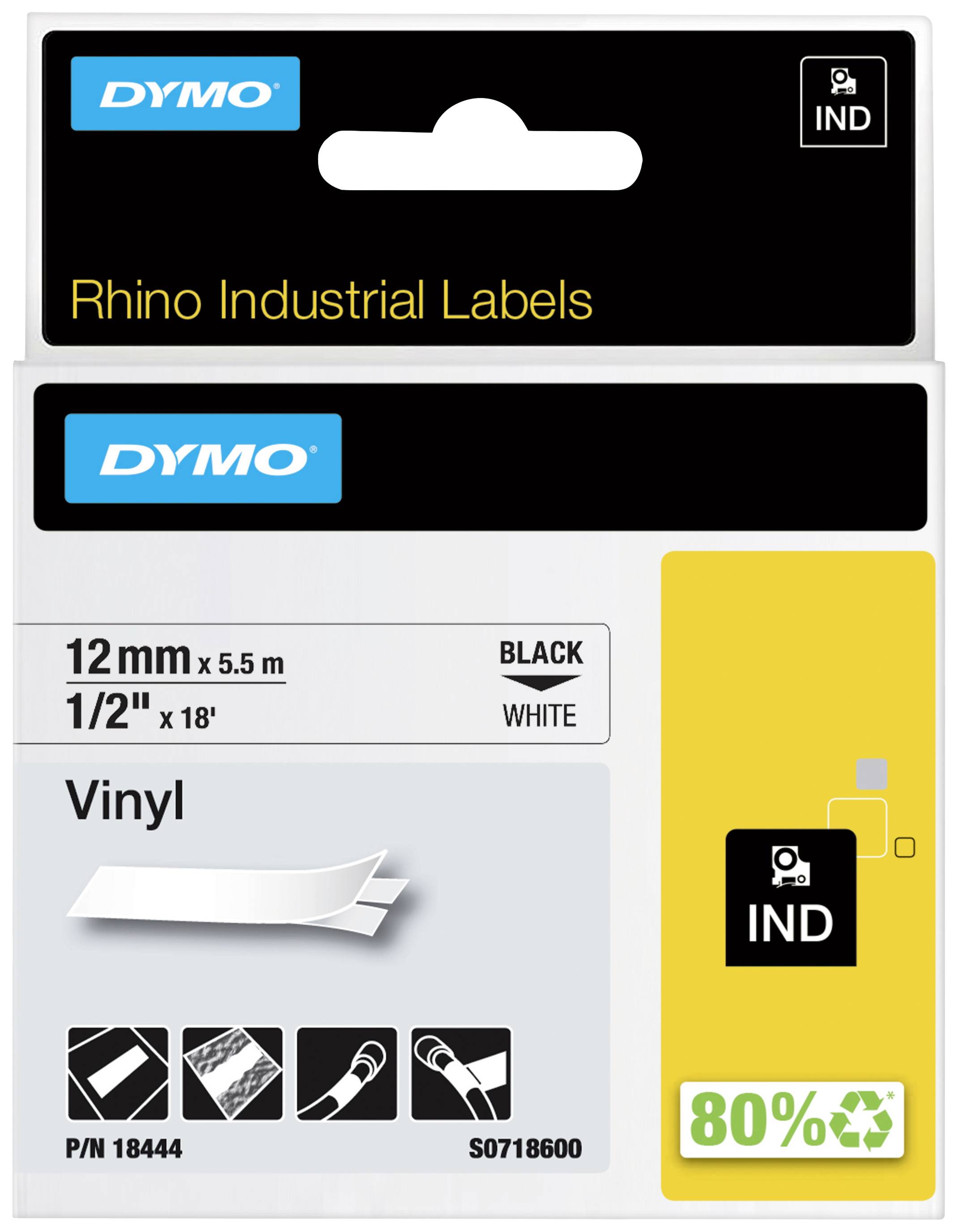 Verpackungsetikett für Dymo Industrial Vinyl Labelband, 12 mm x 5,5 m, schwarz auf weiß. Enthält Piktogramme für Anwendungen.