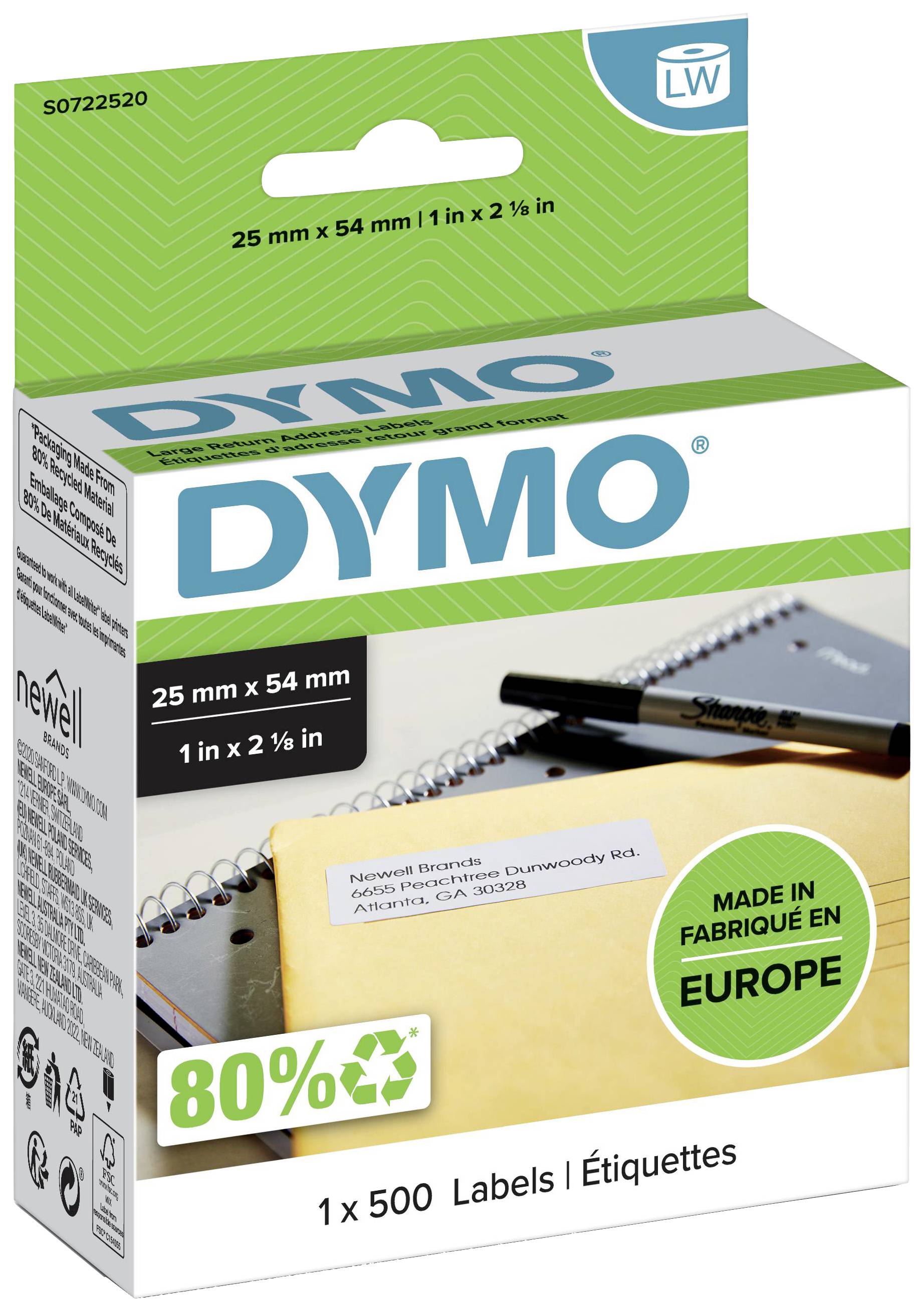 Verpackung einer DYMO-Etikettenrolle mit 500 Etiketten, 25mm x 54mm. Etikett auf Umschlag. 