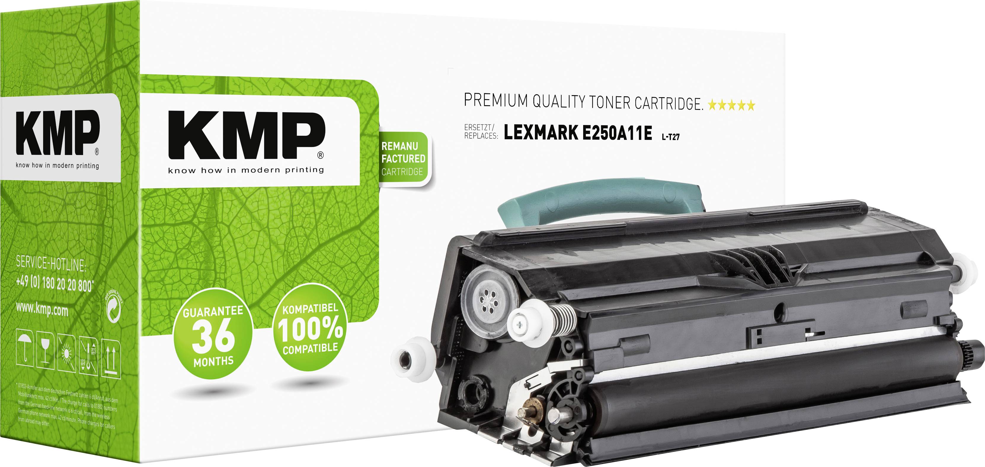 Tonerpatrone für Lexmark E250A11E, kompatibel. Verpackung zeigt Garantie von 36 Monaten und 100% Kompatibilität.