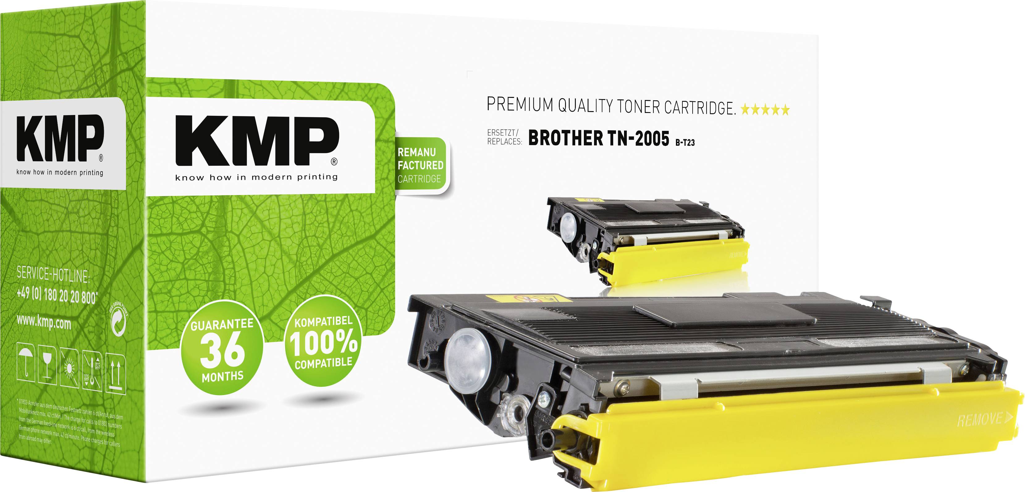 Verpackung von KMP-Toner, Modell 'Brother TN-2005', vor weißem Hintergrund. Gelber Toner zeigt hochwertige Verarbeitung.