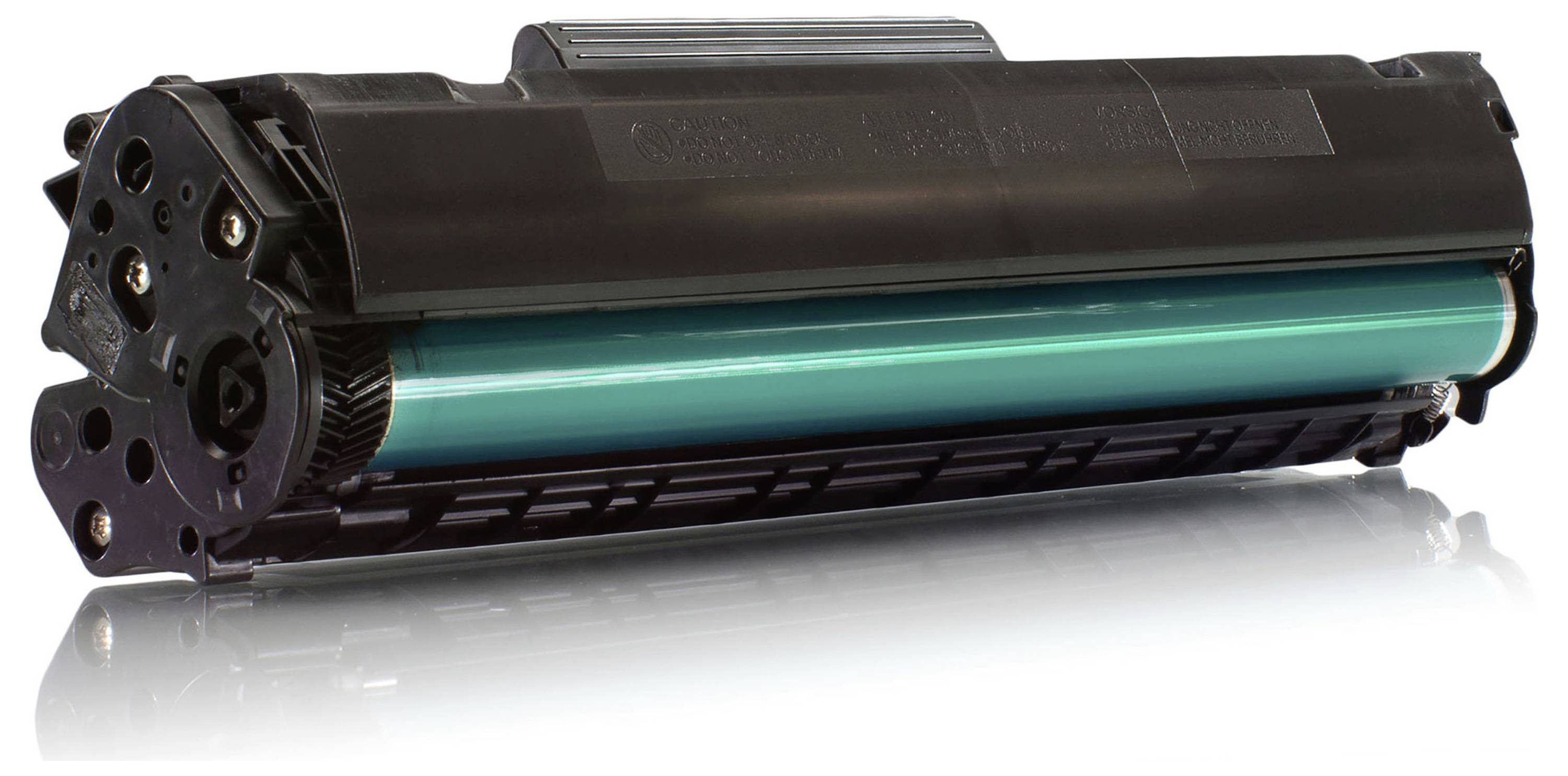 Schwarze Toner-/Trommelpatrone mit einem blaugrünen Zylinder, in Seitenansicht auf weißem Hintergrund dargestellt.