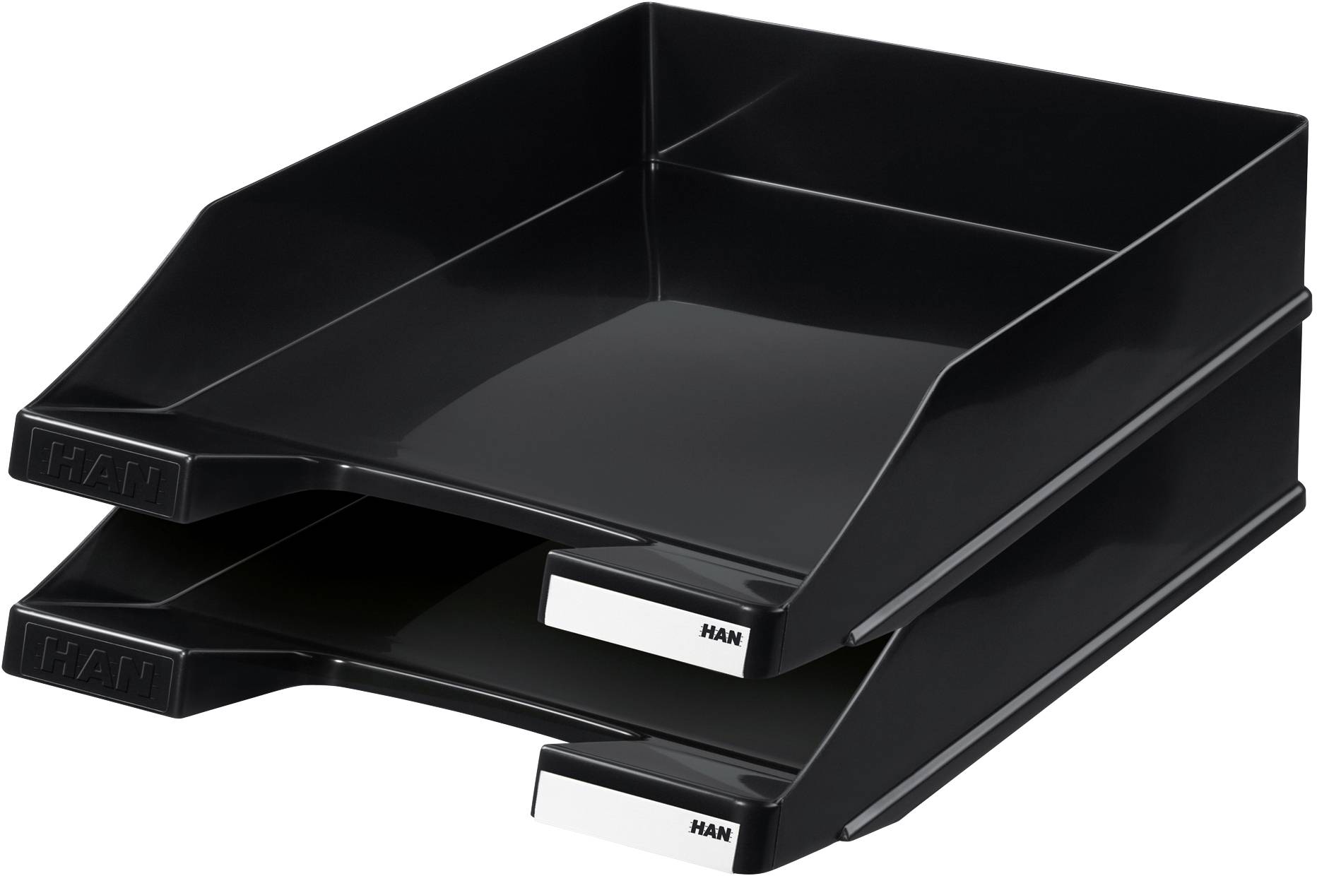 Zwei schwarze Ablagefächer, übereinander gestapelt, aus Kunststoff. Beide haben vorne ein Etikettenschild zur Beschriftung.