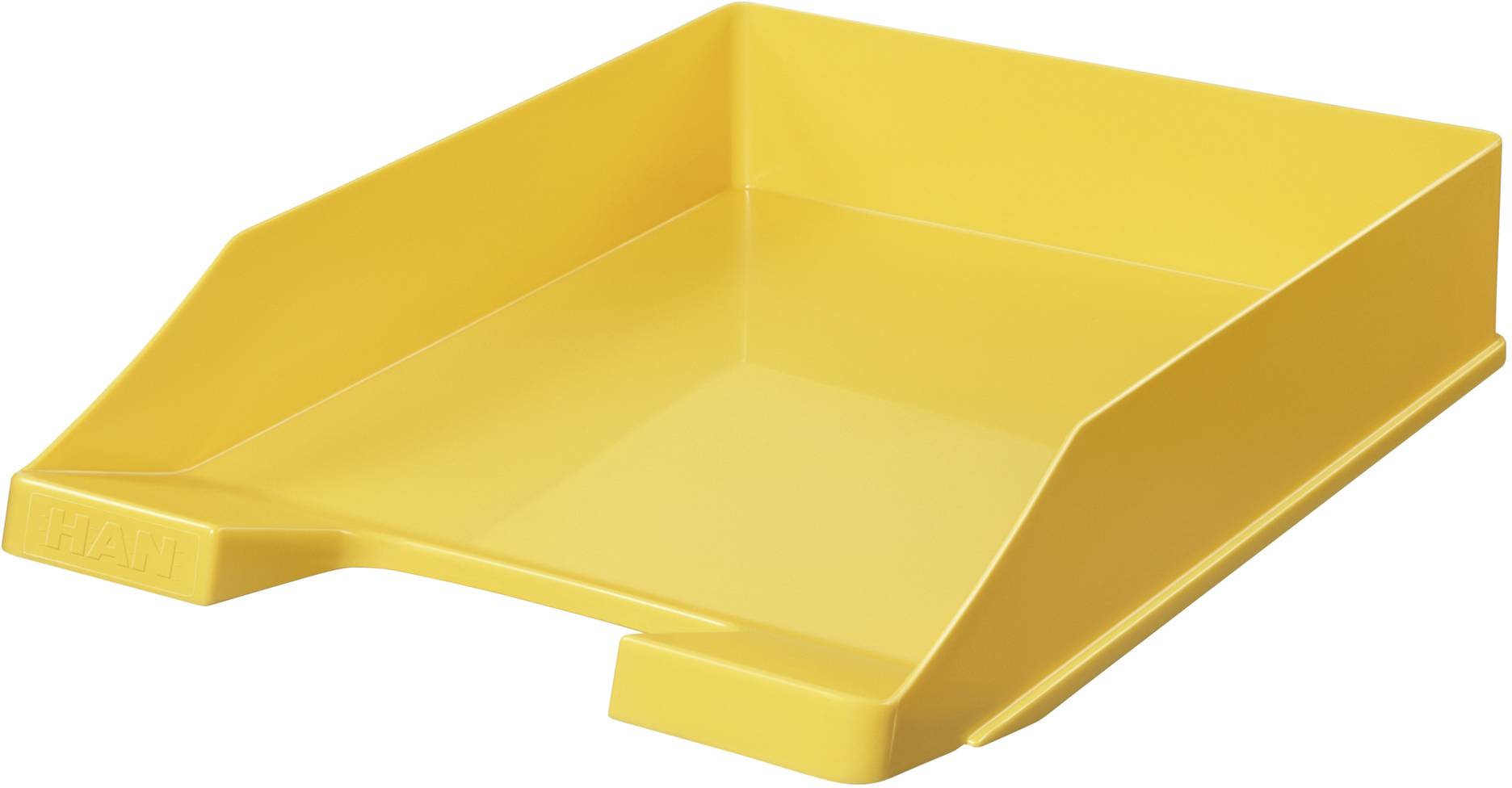 Gelbes Ablagefach aus Kunststoff, rechteckig, leicht erhöht, für die Organisation von Papierstapeln auf einem Schreibtisch.