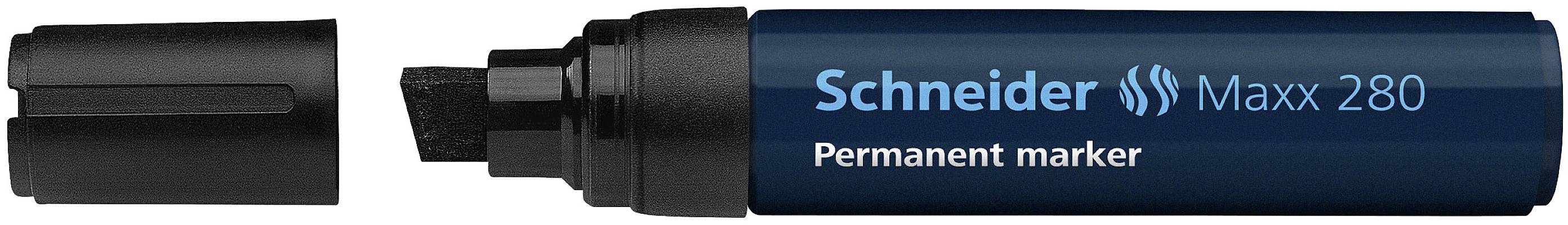 Schwarzer Permanentmarker 'Schneider Maxx 280' mit abgenommenem Deckel und breiter Spitze, auf hellem Hintergrund platziert.