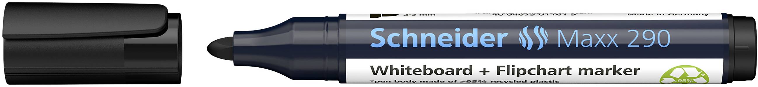 Stiftkappe abgenommen. Schwarzer Schneider Maxx 290 Whiteboard- und Flipchartmarker mit runder Spitze. Haupttext: 'Whiteboard + Flipchart marker'.