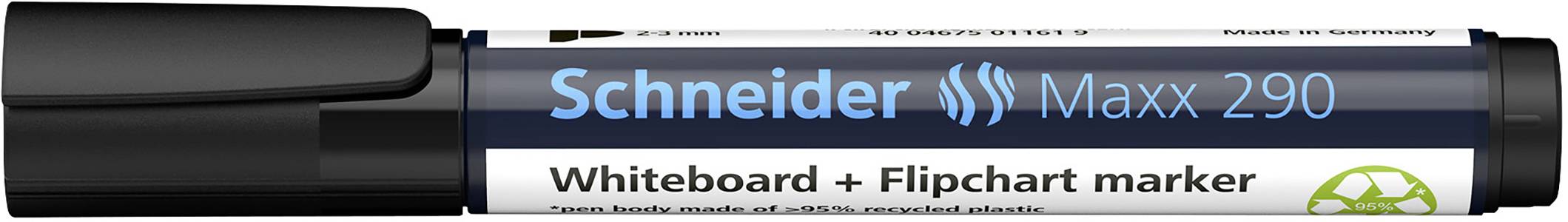 Schwarzer Whiteboard- und Flipchart-Marker der Marke Schneider Maxx 290, mit recycelbarem Gehäuse.