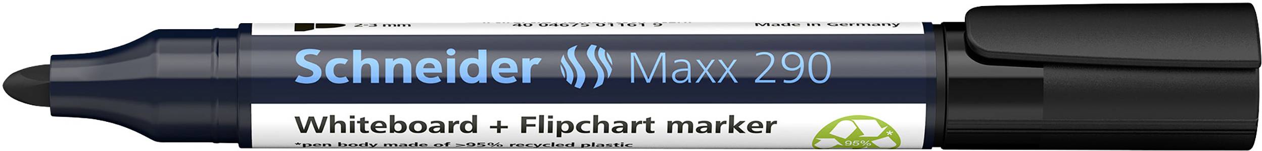 Schwarzer 'Schneider Maxx 290' Whiteboard- und Flipchart-Marker mit abgerundeter Spitze, lächelndem Recycling-Symbol auf Etikett.