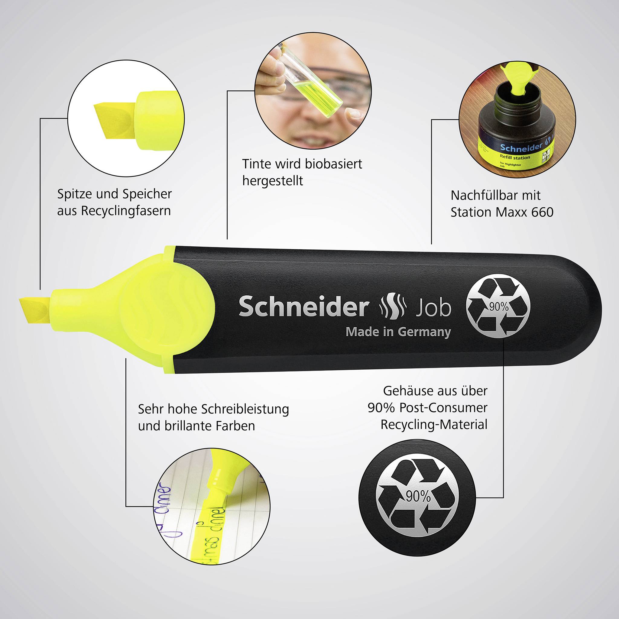 Bild eines gelben Textmarkers mit recyceltem Material: Schneider Job, Made in Germany, nachfüllbar, umweltfreundlich hergestellt.