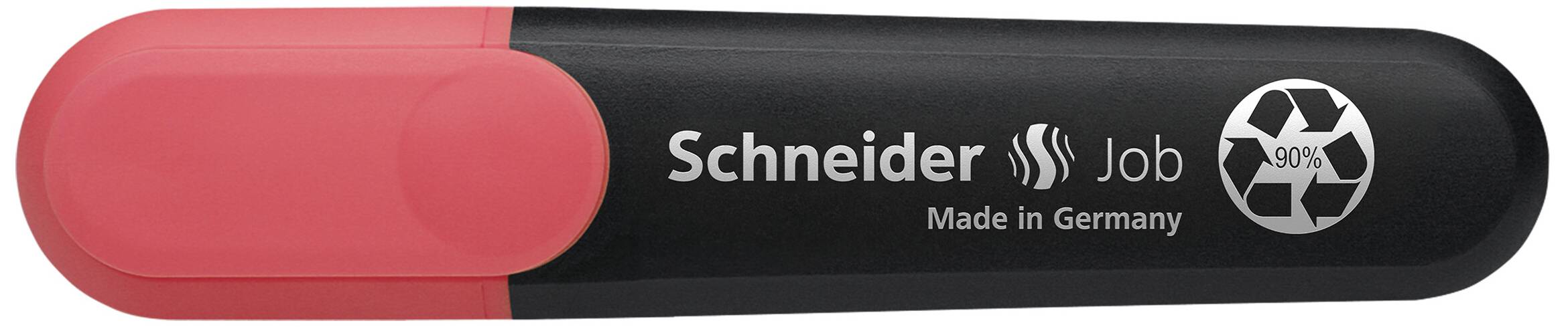 Schwarzer Textmarker von 'Schneider Job' mit rotem Verschluss, hergestellt in Deutschland, enthält 90% recyceltes Material.